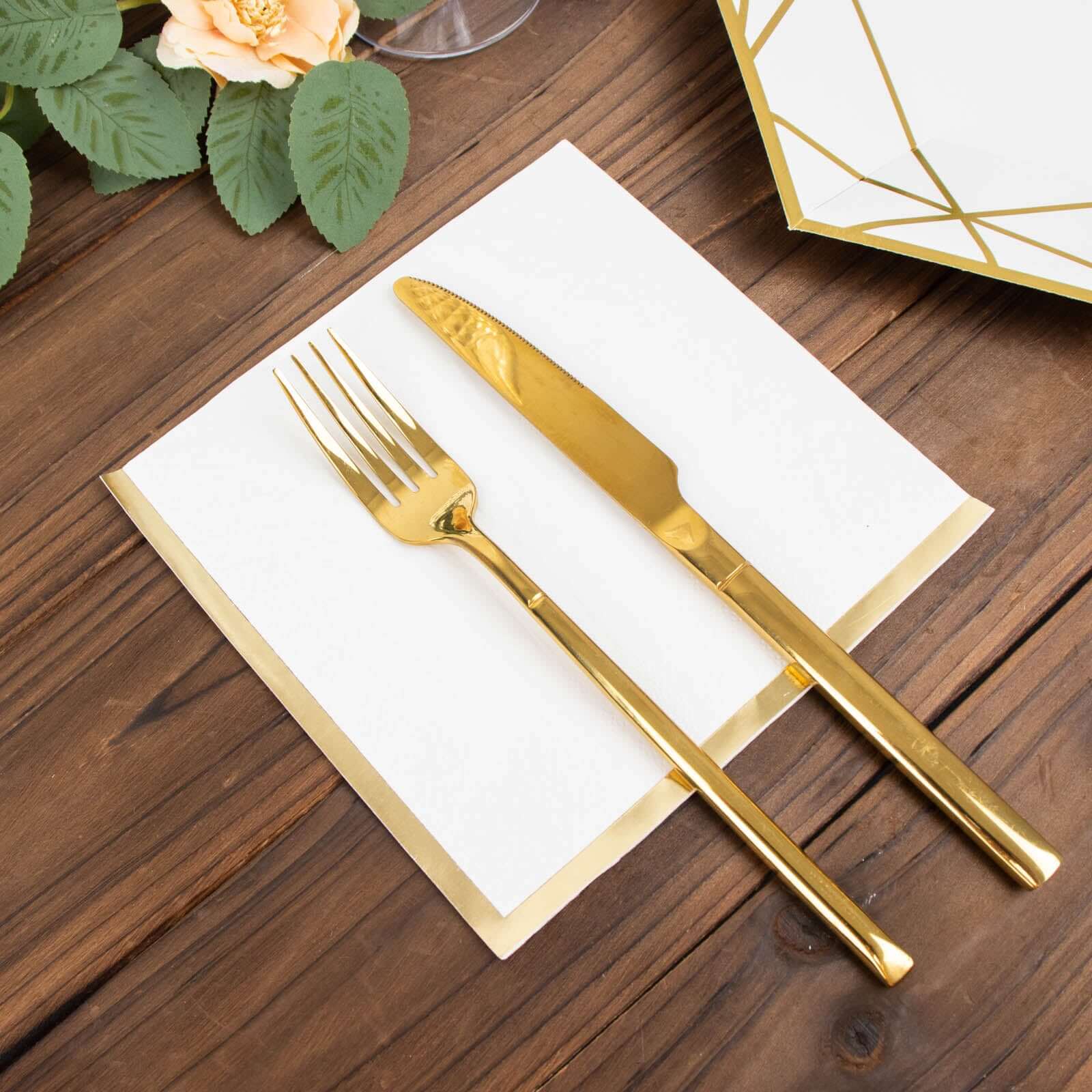 50-Pack Paper Beverage Napkins with Gold Foil Edge White - Disposable 2 Ply Cocktail Napkins for Events 6.5"x6.5"