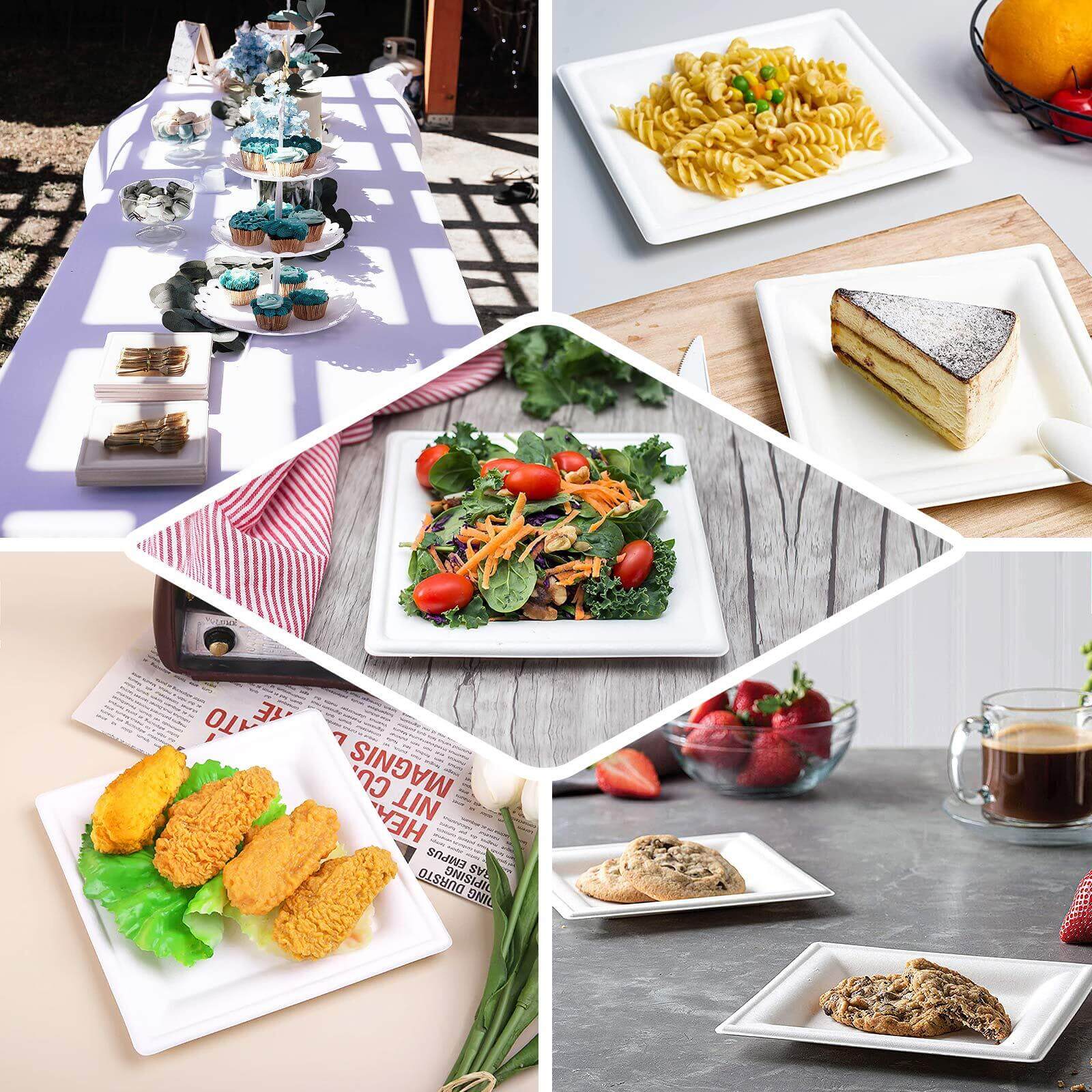 50-Pack Bagasse 8" Square Dessert Plates White with Wide Rim - Eco Friendly Sugarcane Appetizer/Salad Plates for Parties & Events
