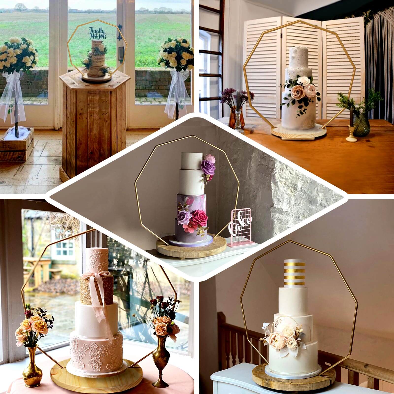 Metal Nonagon Floral Hoop Cake Stand Gold - Chic Geometric Dessert Display DIY Centerpiece Table Decoration With Wooden Base 27"