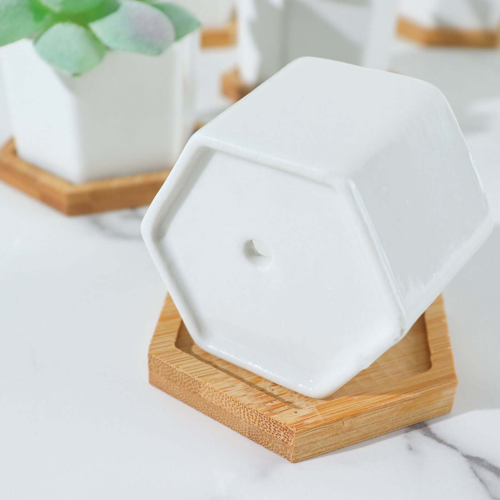 6-Pack Planter Pots Geometric Hexagon Design White - Ceramic Pots with Bamboo Tray and Removable Bottom 3"