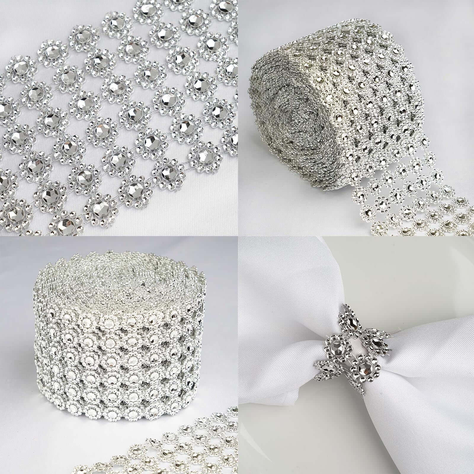 4"x10 Yards Silver Fleur Diamond Rhinestone Ribbon Wrap Roll, DIY Craft Ribbon