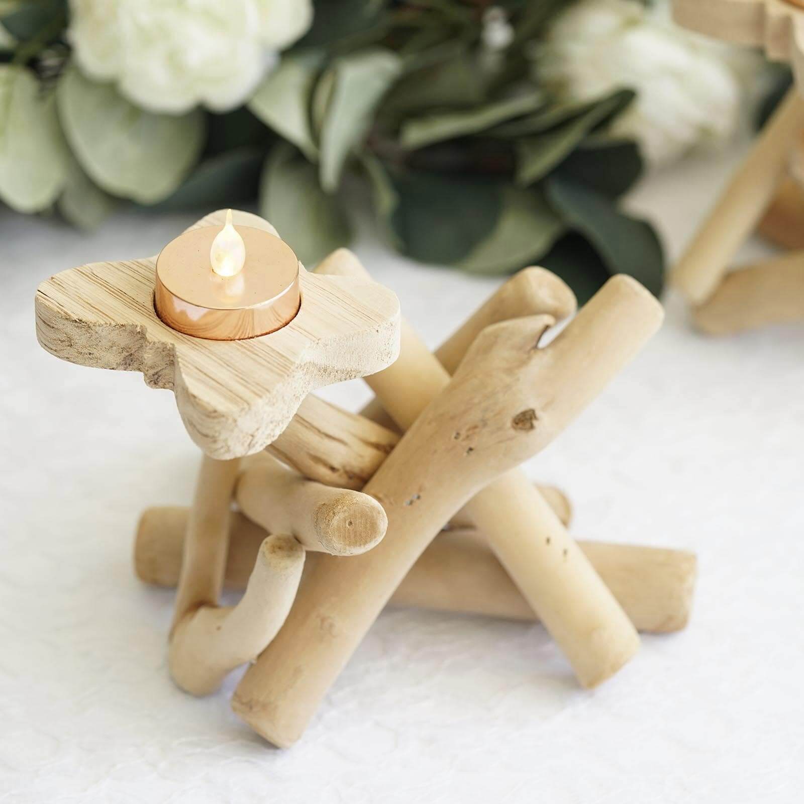 Natural Driftwood Candle Holder with Butterfly Top - Rustic Wooden Candle Stand for Events 8" Tall