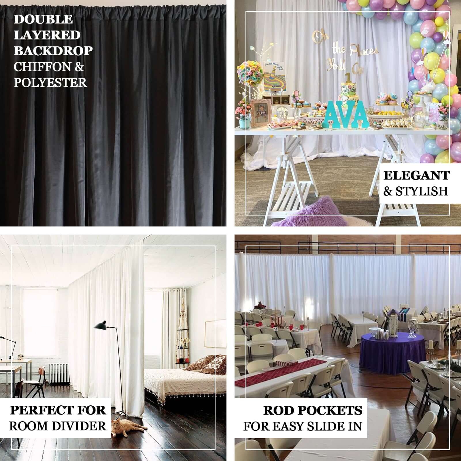 Ivory Chiffon Polyester Event Curtain Drapes, Dual Layer Divider Backdrop Event Panels with Rod Pockets - 20ftx10ft