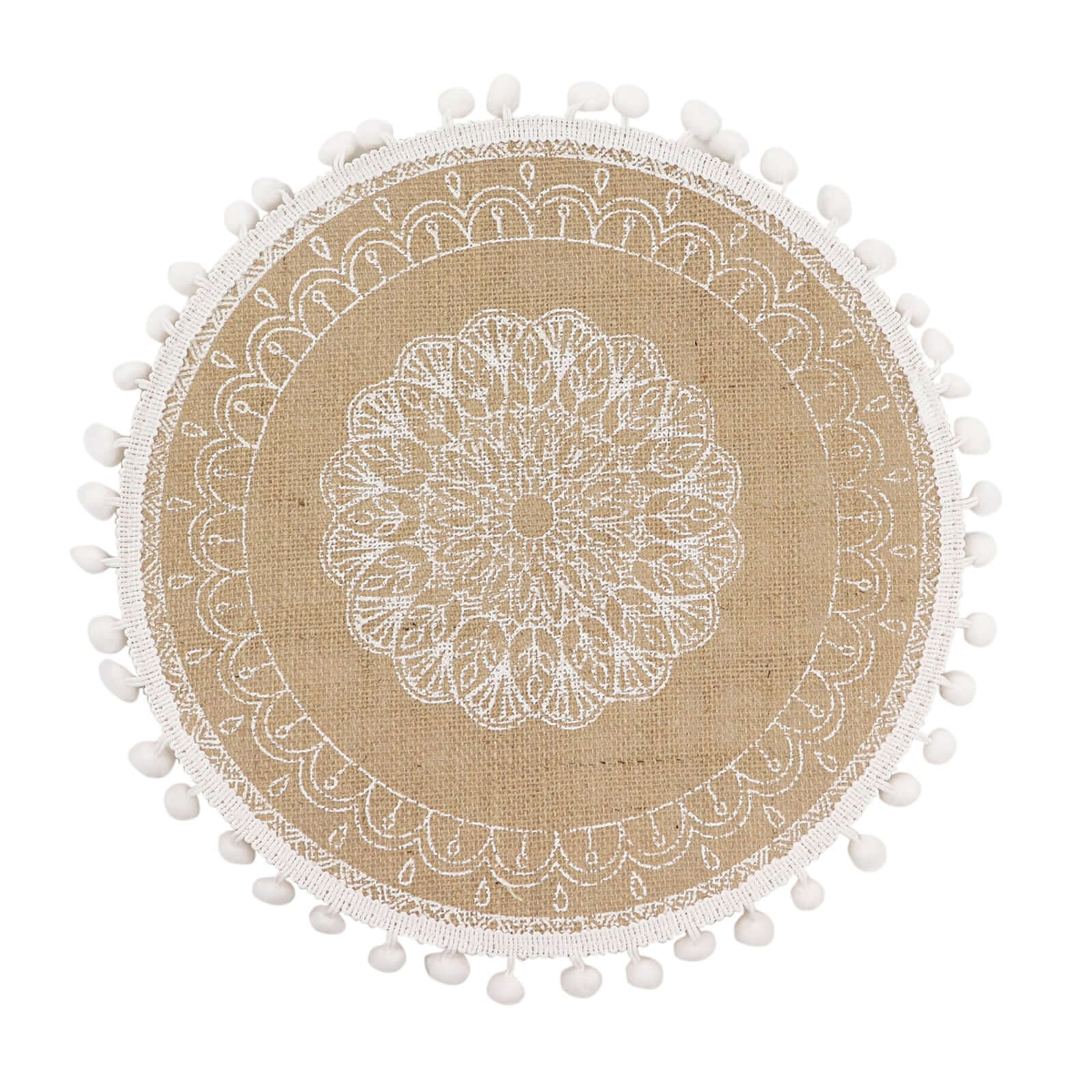 4-Pack Placemats Embroidery Mandala Print Design Natural Jute and White Round - Rustic Burlap Tassel Style with Beaded Trim 15"