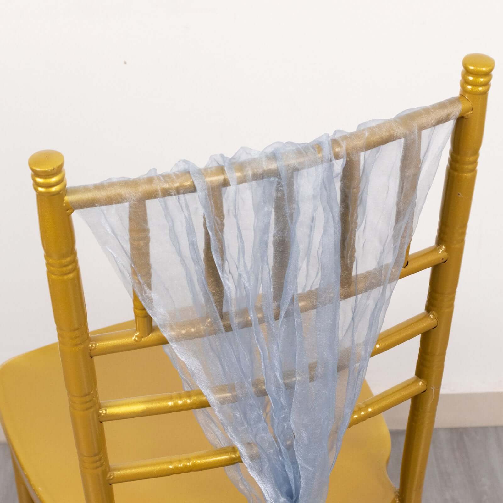 5 Pack Crinkled Organza Chair Sashes Dusty Blue with Shimmer Chiffon Layers - Stylish Sheer Decor