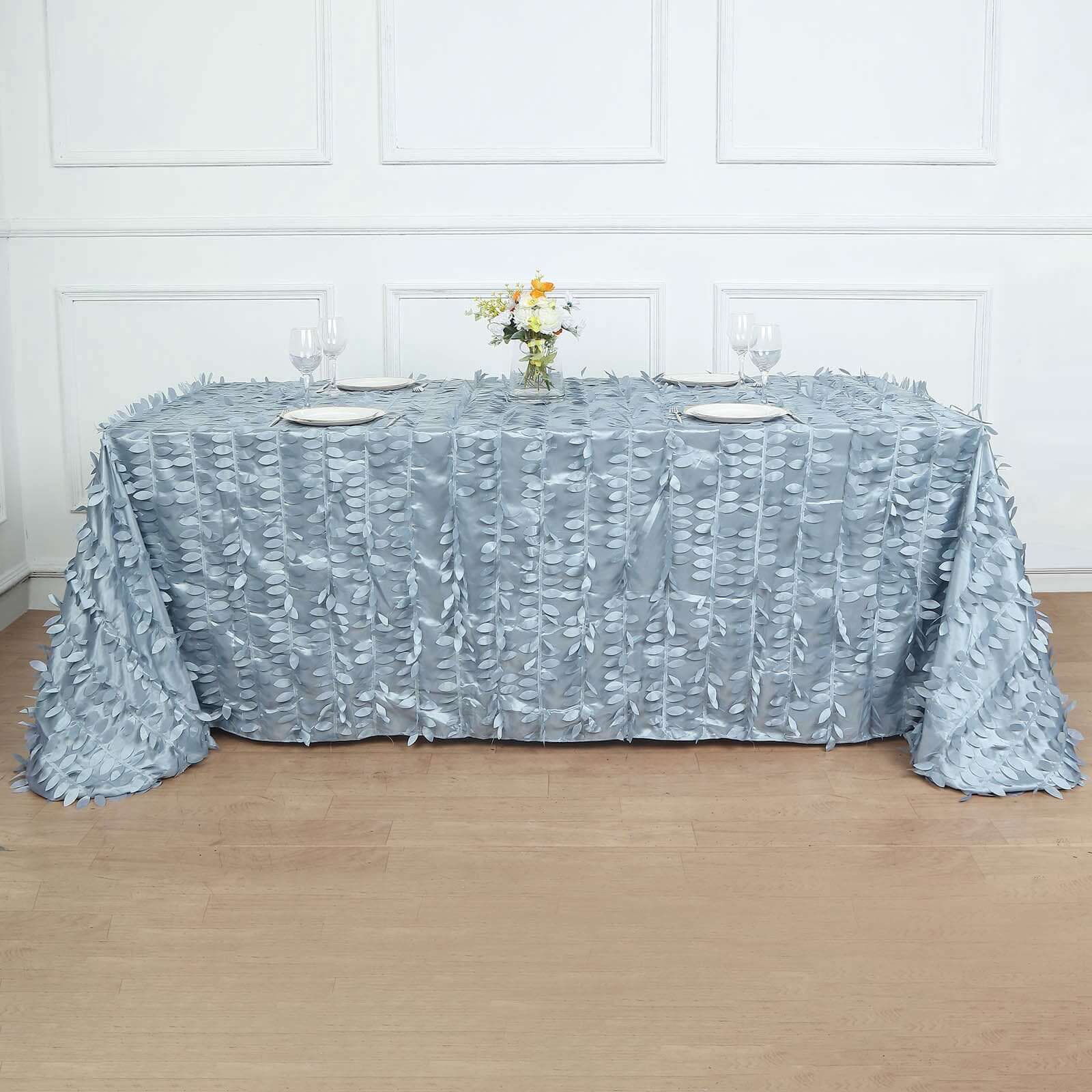 Taffeta 90"x156" Rectangle Tablecloth Dusty Blue | 3D Leaf Petal Design Seamless Table Cover