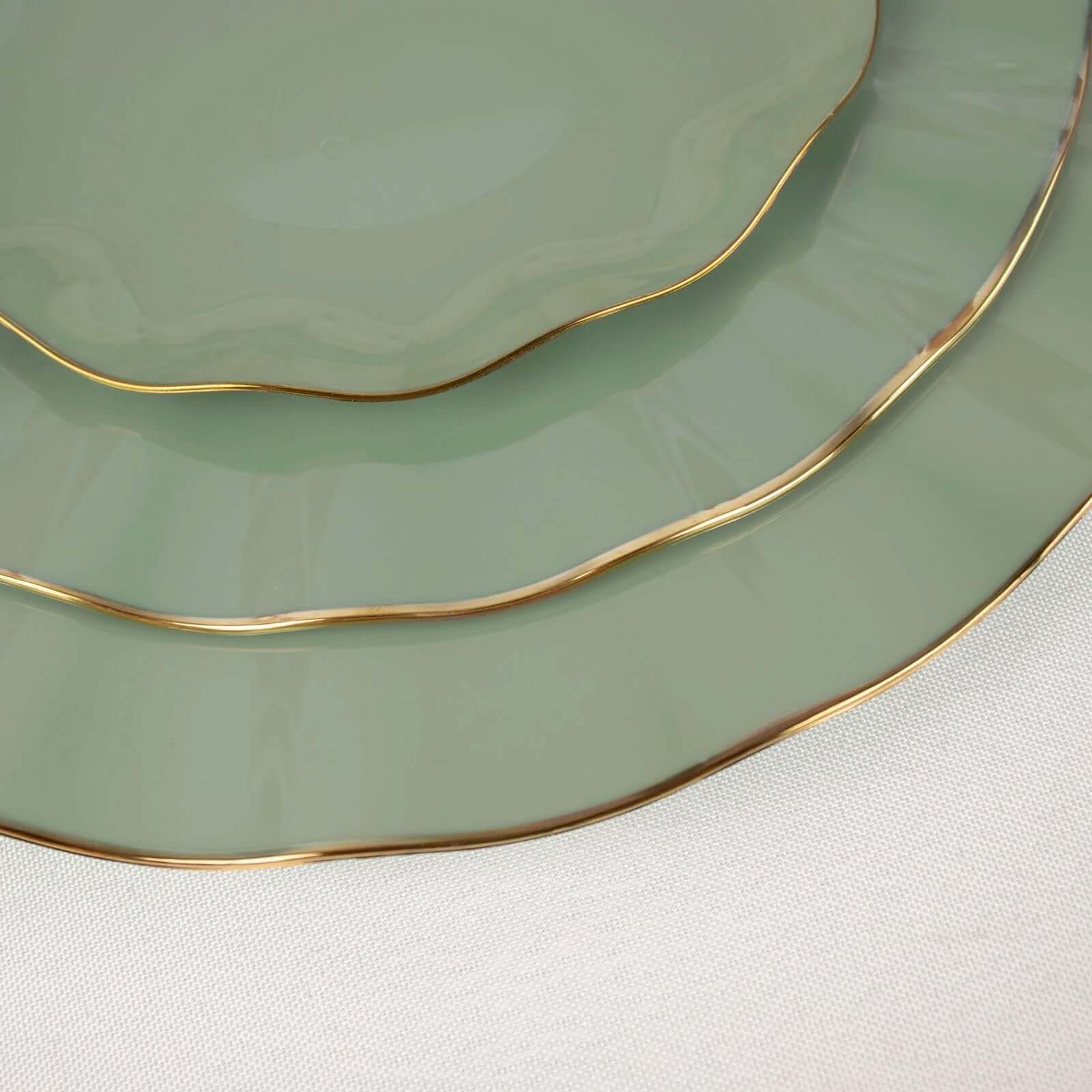 10-Pack Plastic Round 6" Dessert Plates in Dusty Sage Green Ruffled Rim with Gold Edging - Sturdy Disposable Salad Appetizer Dinnerware
