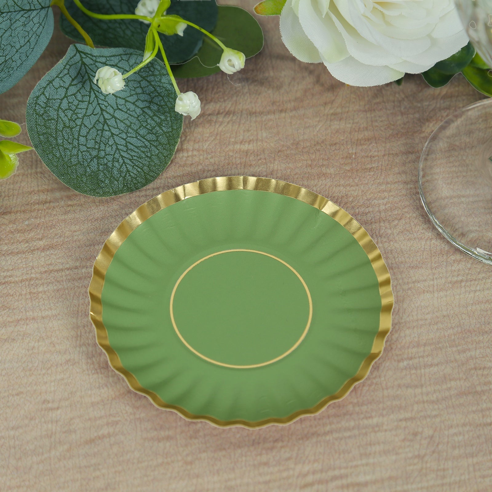 50-Pack Paper 3.5" Round Party Plates in Dusty Sage Green with Gold Scalloped Rim - Disposable Mini 250GSM Dessert Plates for Tapas, Appetizers & Finger Foods