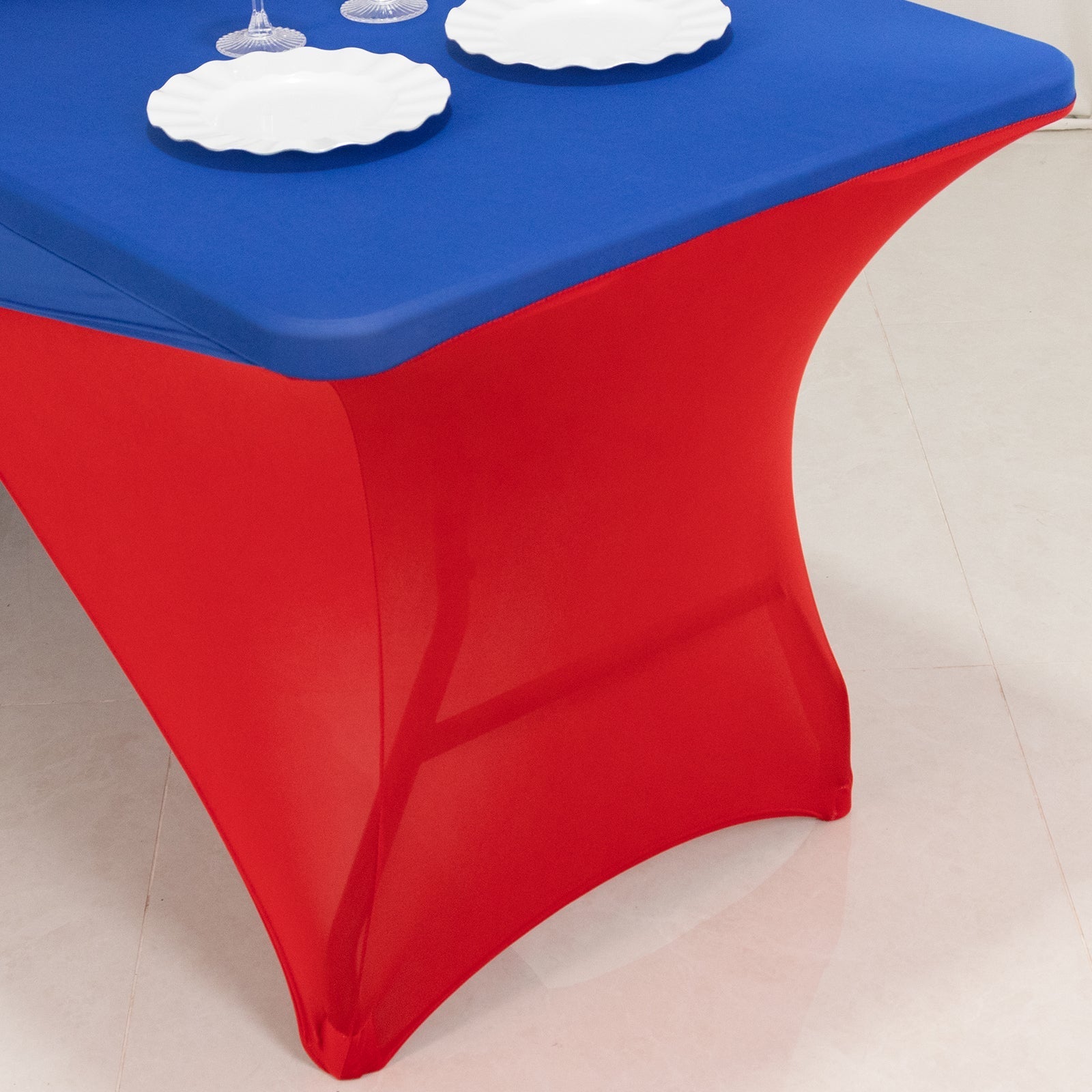 Stretch Spandex 72"x30" Rectangle Table Cover Royal Blue/Red Cross Over Design - Two-Piece Fitted Tablecloth with Elastic Foot Pockets