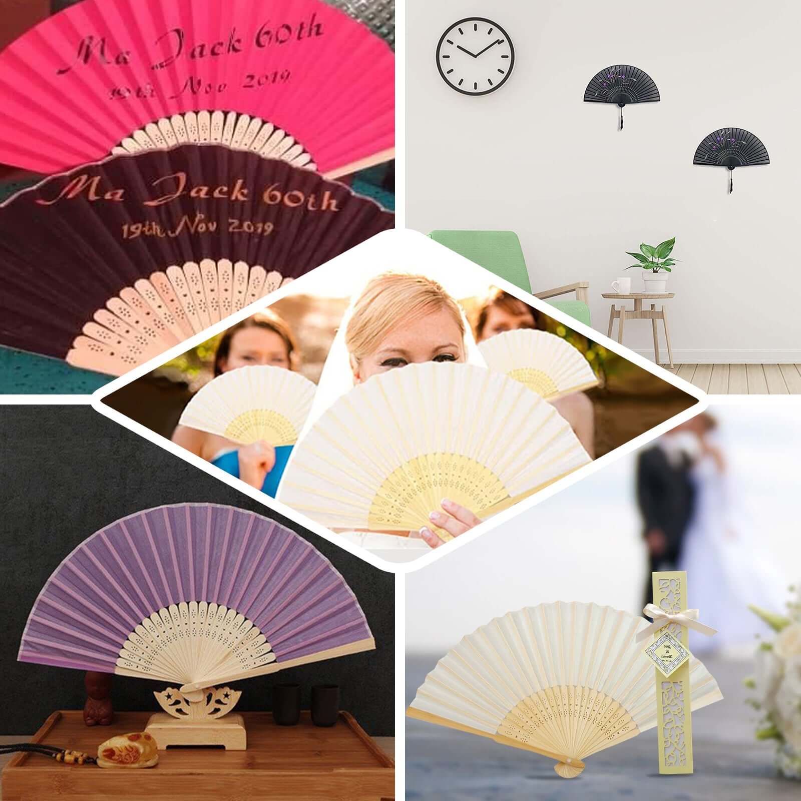 5 Pack Fuchsia Asian Silk Folding Fans Party Favors, Oriental Folding Fan Favors