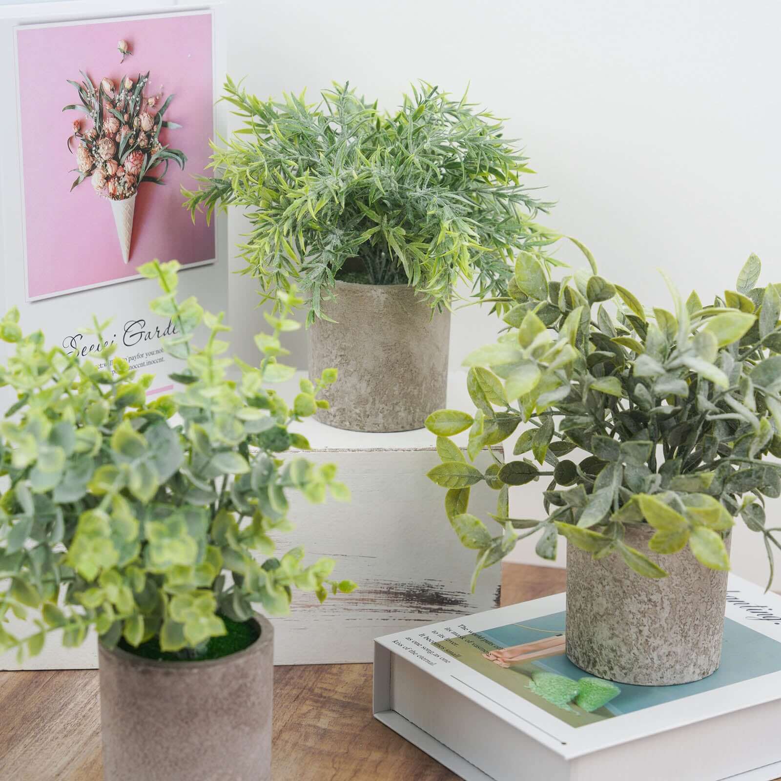 3 Plant Set Mini Potted Artificial Eucalyptus, Rosemary and Boxwood Faux Planter Collection - Small Decorative Faux Herb Garden for Desk Countertops Table Shelf Display 9"