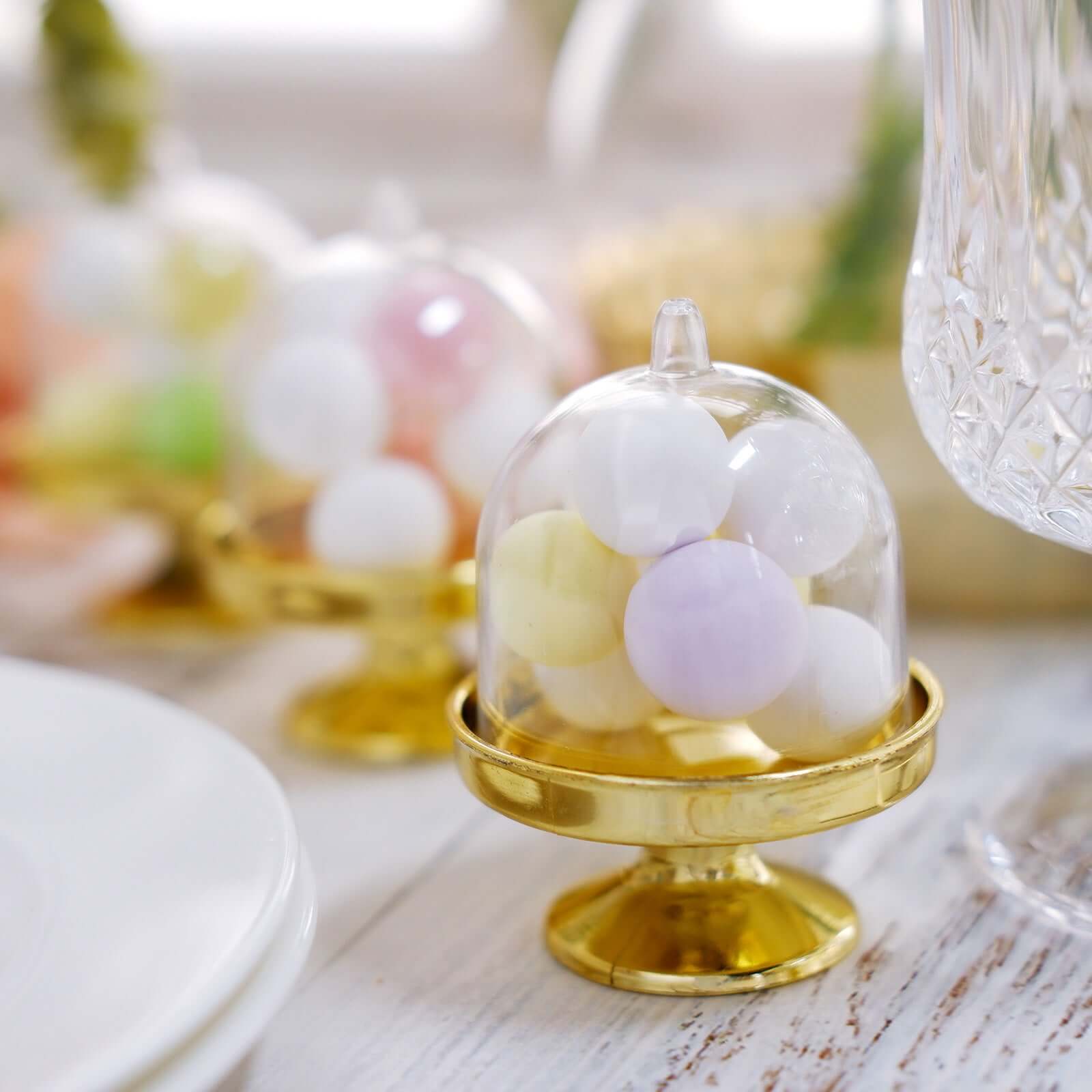12-Pack Fillable Mini Pedestal Candy Container Clear/Gold- Stylish Candy Treat Favor Containers with Dome Lid 3"