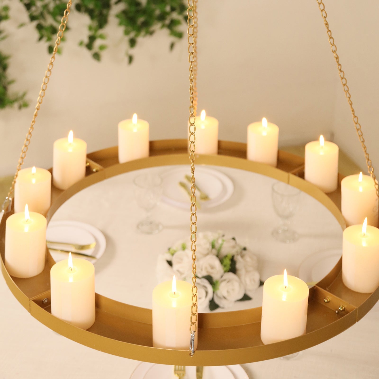 Gold Hanging Metal Floral Chandelier Frame - 32" Circular Lighting, Candle and Floral Display Base