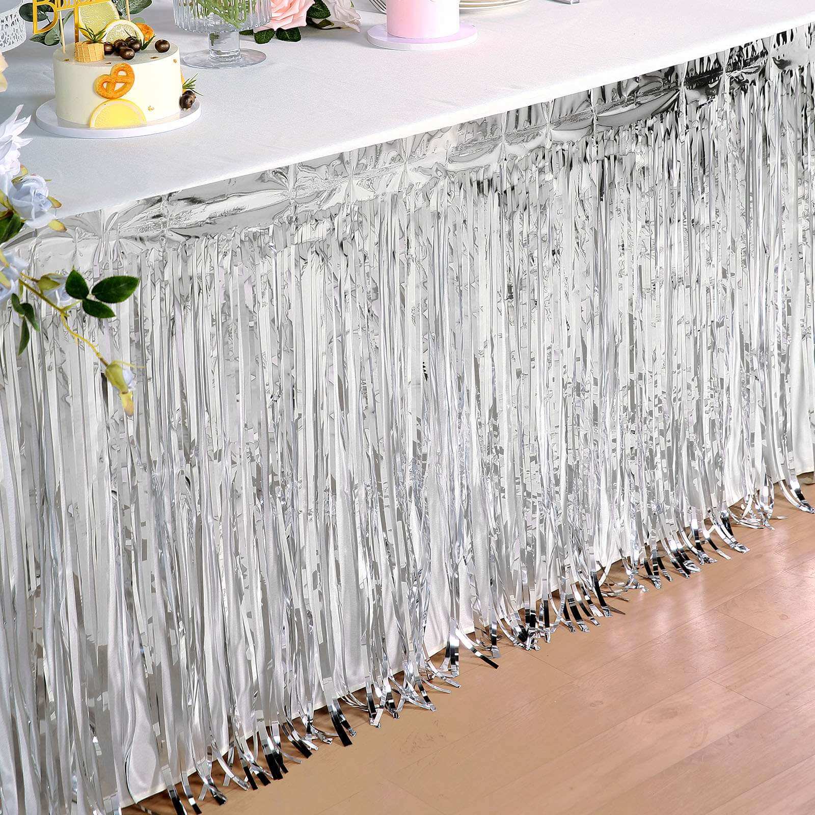 Metallic Foil Fringe Table Skirt Silver with Self Adhesive Backing - Durable Tinsel Skirt for Parties 30"x9ft