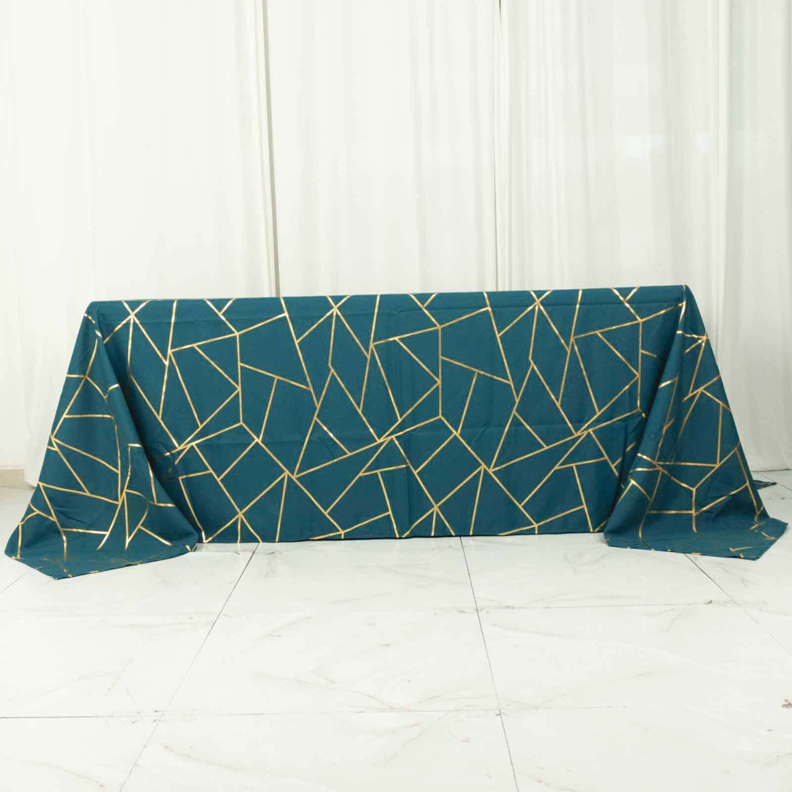 90"x132" Peacock Teal Seamless Rectangle Polyester Tablecloth With Gold Foil Geometric Pattern for 6 Foot Table With Floor-Length Drop