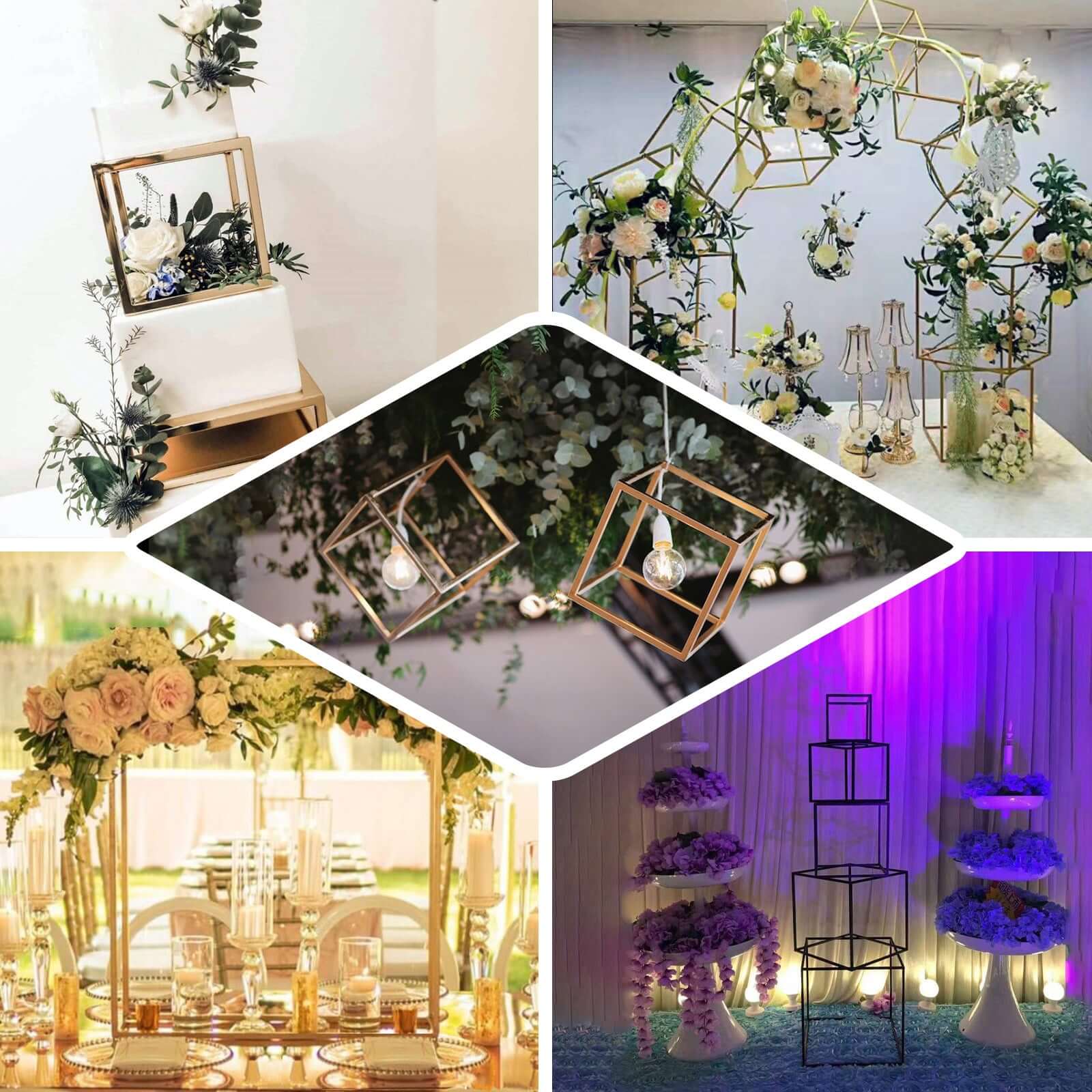 2-Pack Metal Flower Stands Gold Geometric Wedding Centerpieces Square Frame - Compact Design 8"