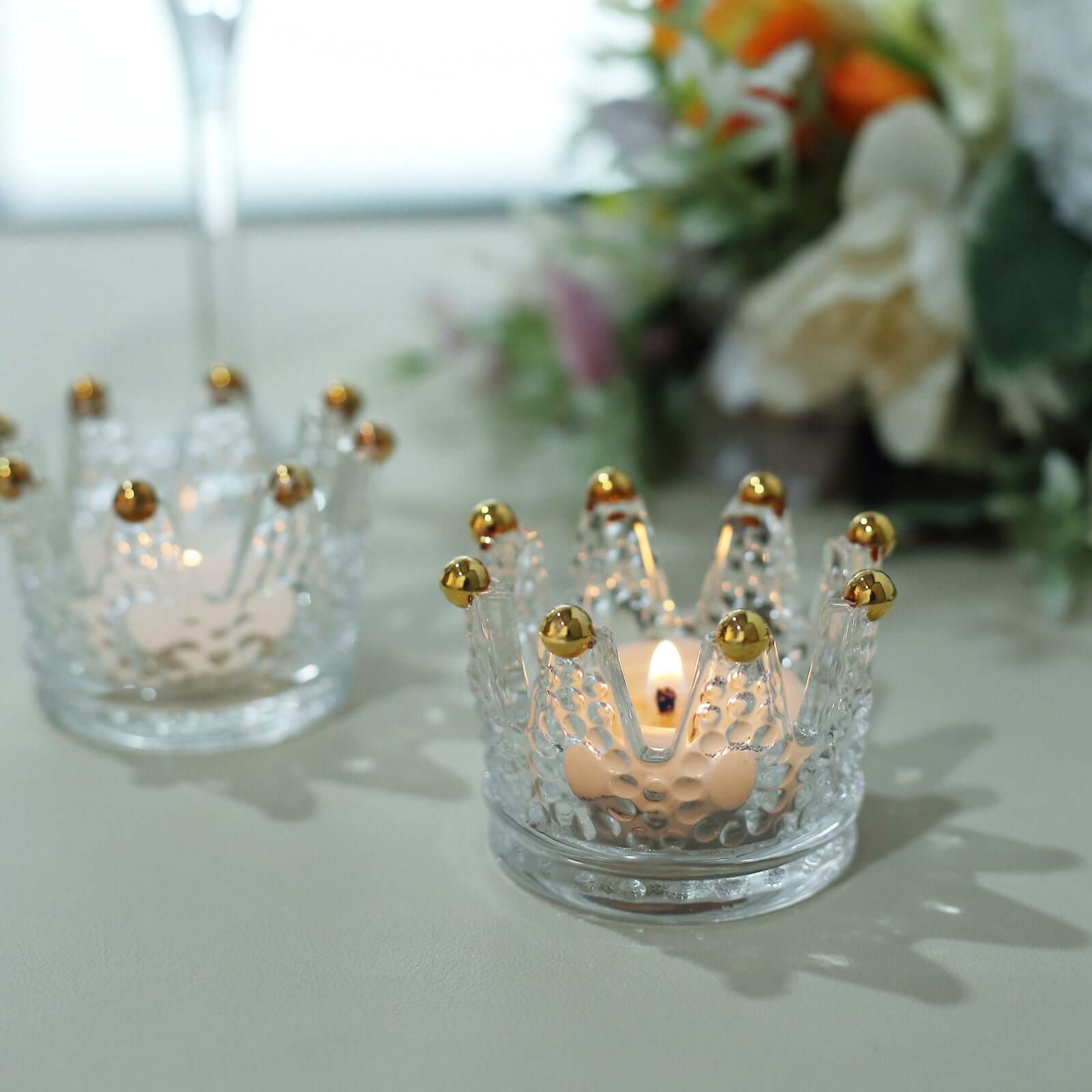 6-Pack Glass Crown Votive Candle Holders Clear Crystal Design with Gold Beaded Tips - Tea Light Holders 3"x2"