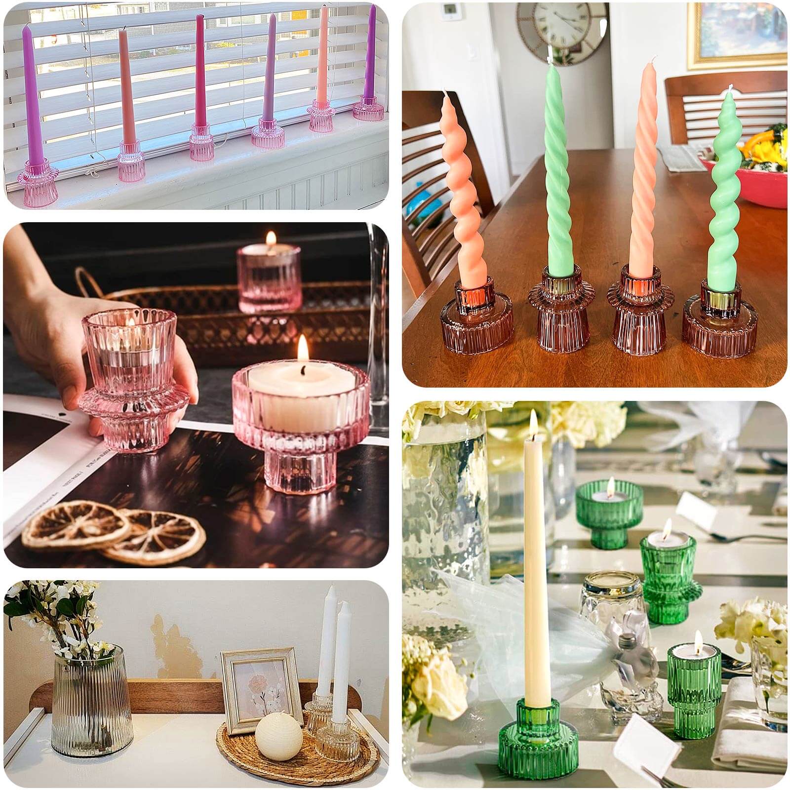 Set of 6 Glass Taper Candle Holders Ribbed Crystal Design with Gold Rim Clear - Reversible Mini Votive Tealight Stands 3"