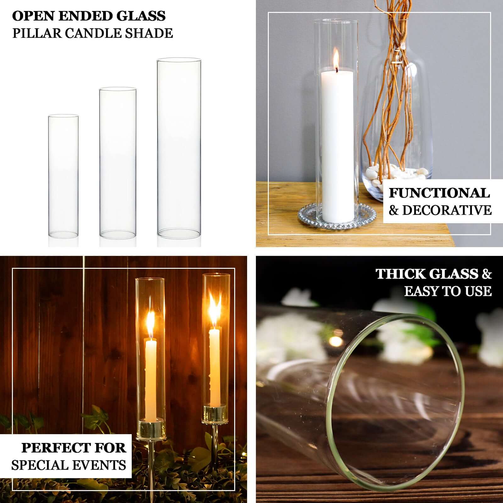 2-Pack Glass Pillar Hurricane Candle Shades - Clear Chimney Tube with 2.25" Wide Open Ends 12"