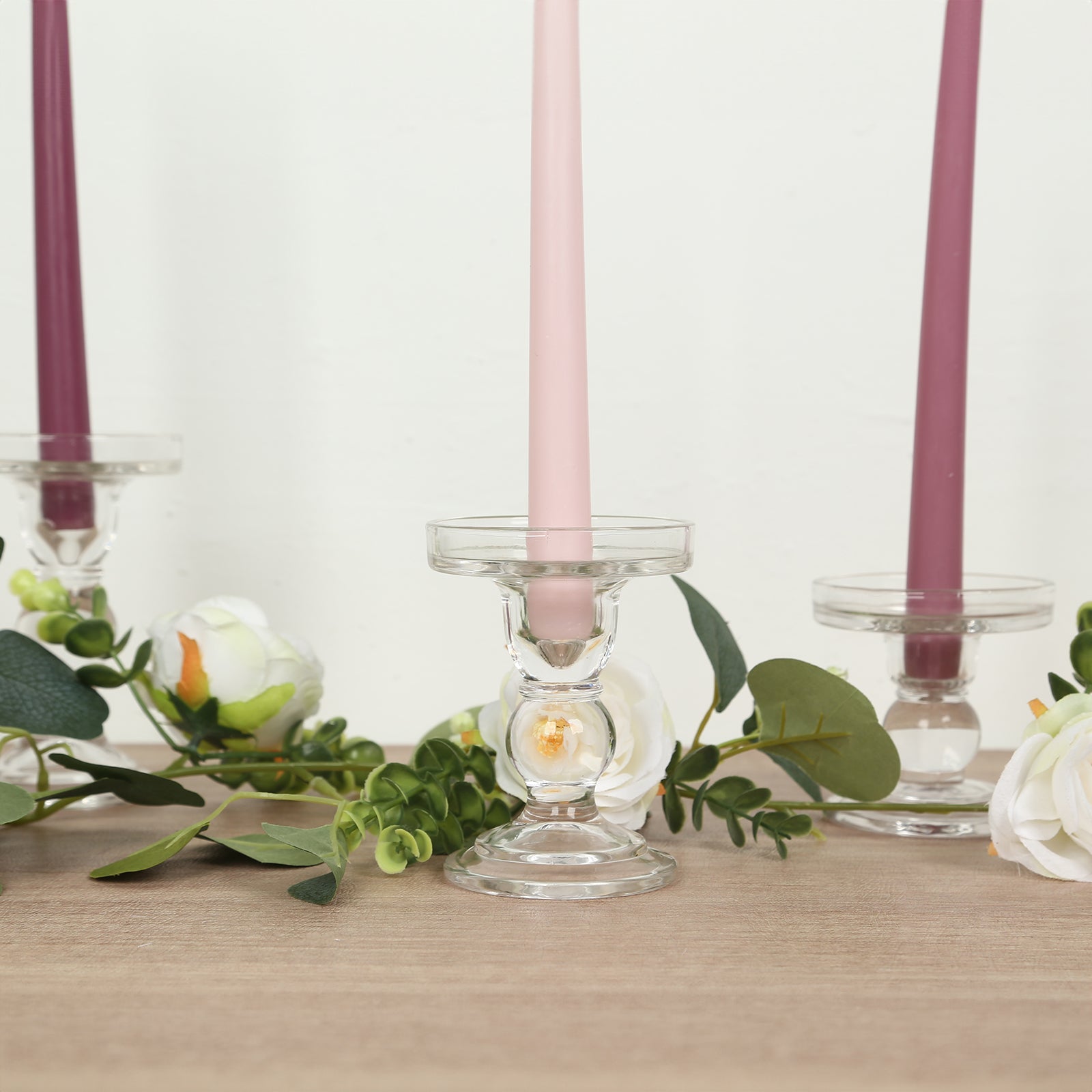 Set of 3 Glass Pillar Candle Holders Clear with Round Tray - Crystal Ball Stem Taper Candlestick Tea Light Stands 3.5", 4.5", 5.5"