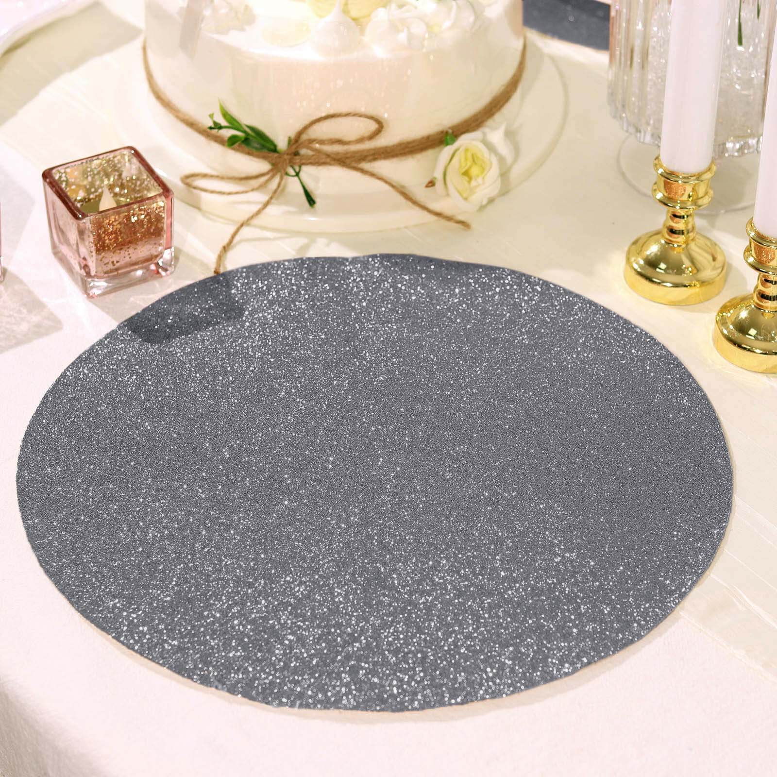 6-Pack Placemats Glitter Design Charcoal Gray Sparkle Round - Non-Slip Decorative Dining Table Mats 13"