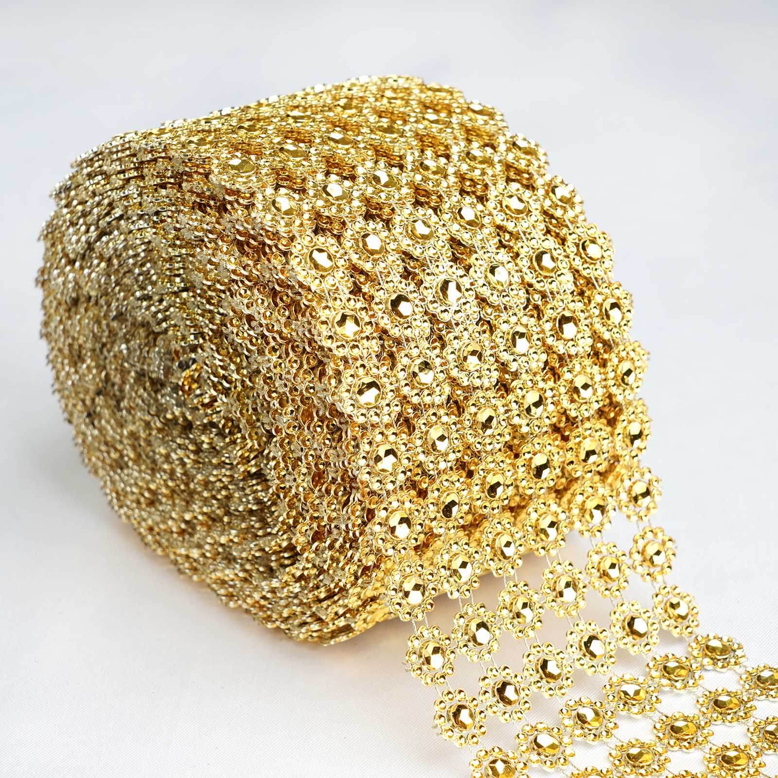 4"x10 Yards Gold Fleur Diamond Rhinestone Ribbon Wrap Roll, DIY Craft Ribbon
