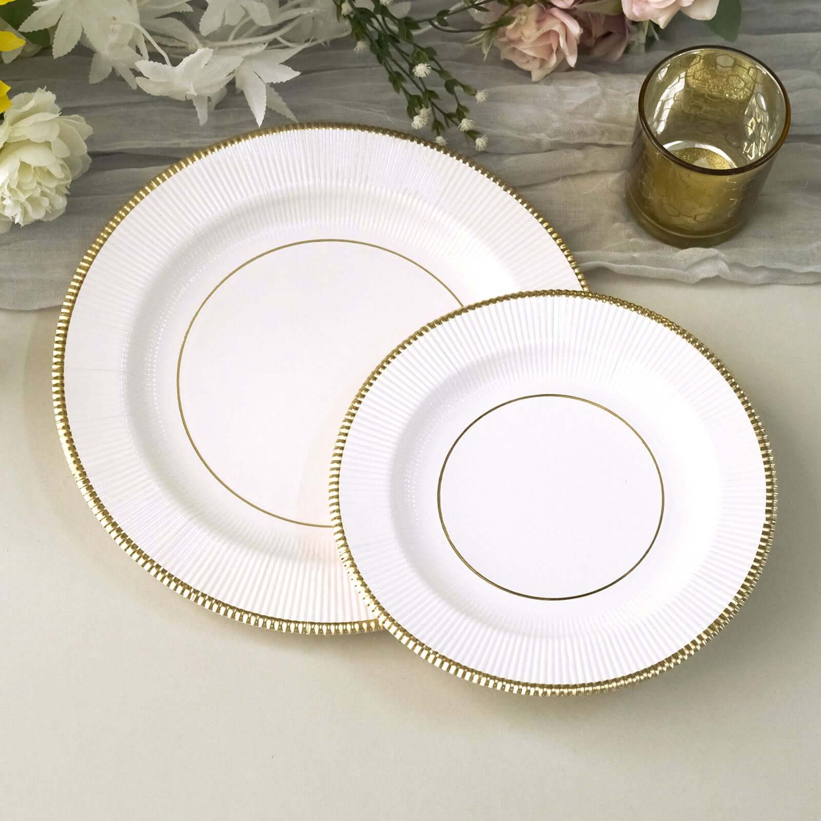 25-Pack Paper 10" Round Dinner Plates in White Sunray Design with Gold Rim - Disposable Heavy Duty 350GSM Party Plates