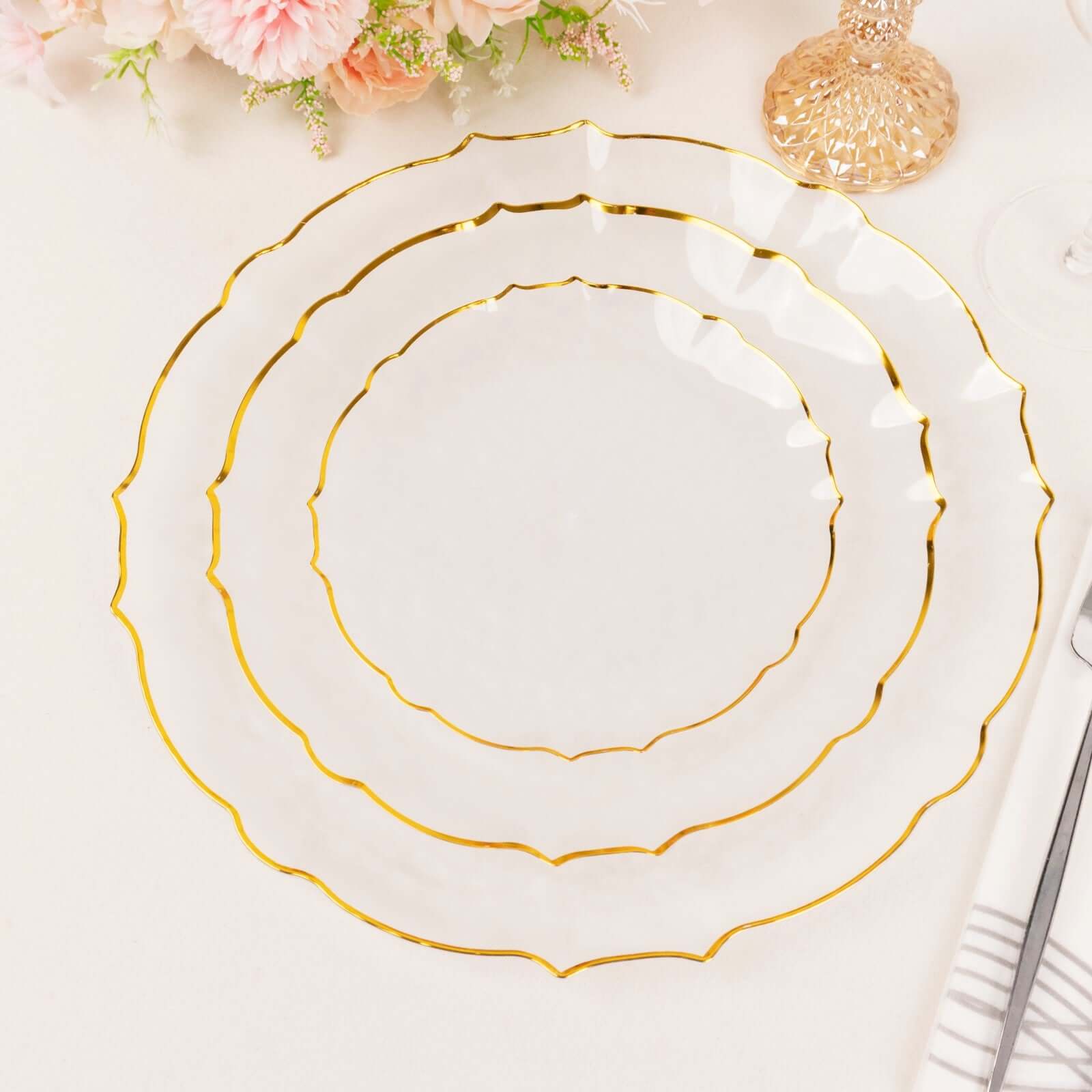 10-Pack Plastic 7" Round Dessert Appetizer Plates in Clear Sunflower with Gold Scalloped Rim - Disposable Salad Plates for Classy Events & Banquets