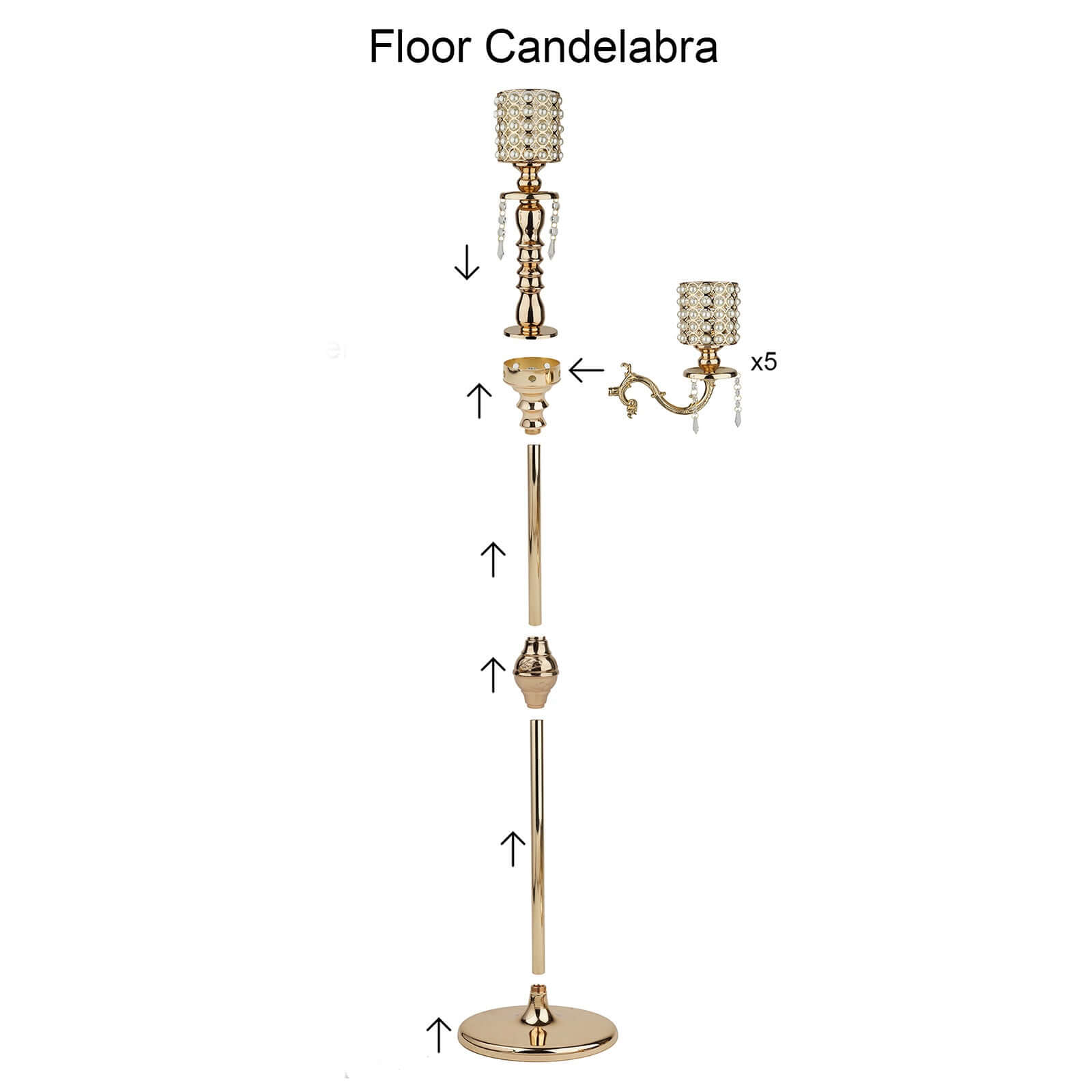 Metal Pearl Beaded Candelabra in Gold 6-Arm - Stylish Table Centerpiece with Crystal Chandelier Pendants