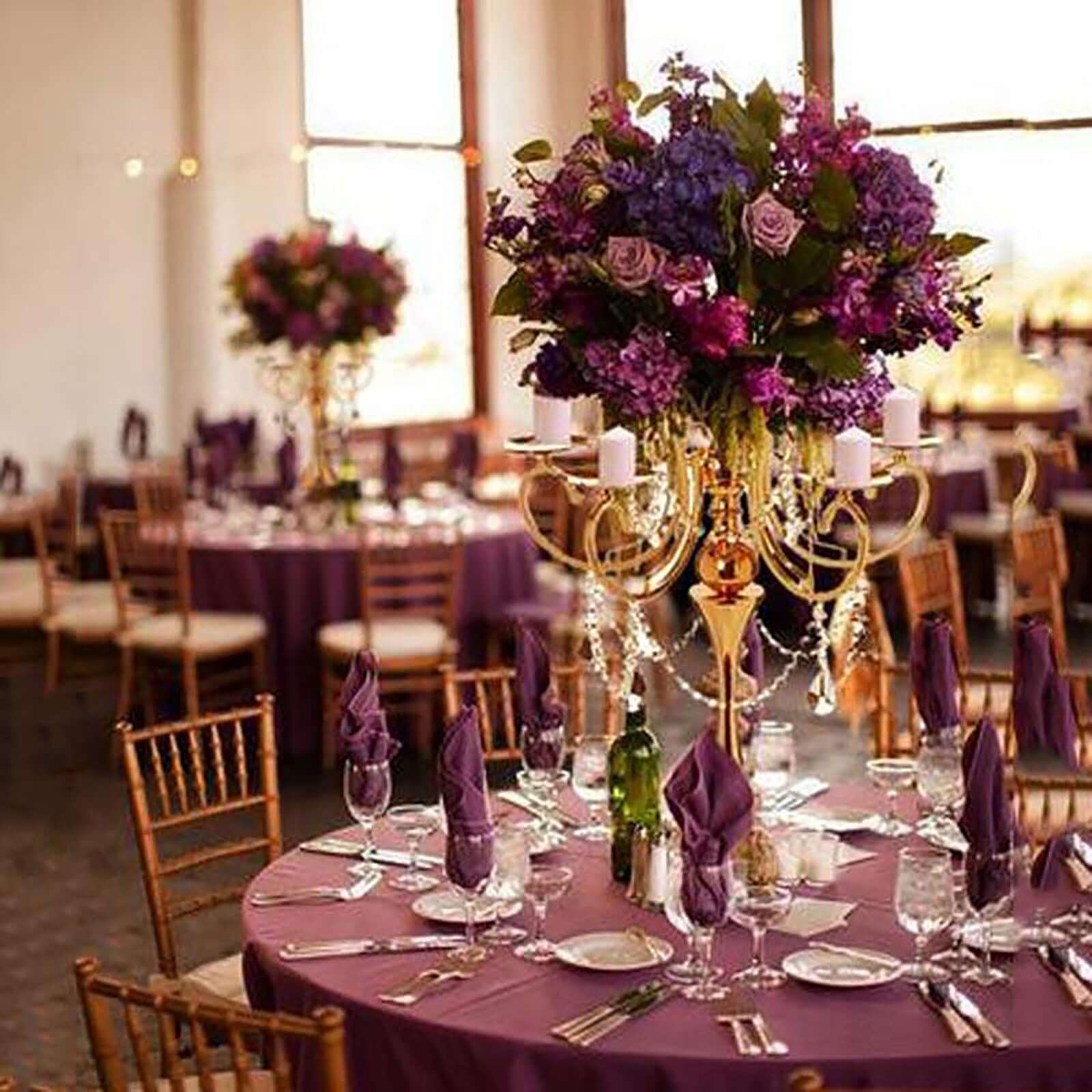 Metal Candelabra 5 Arm Design Gold with Hanging Crystal Drops - Table Centerpiece for Events 27"