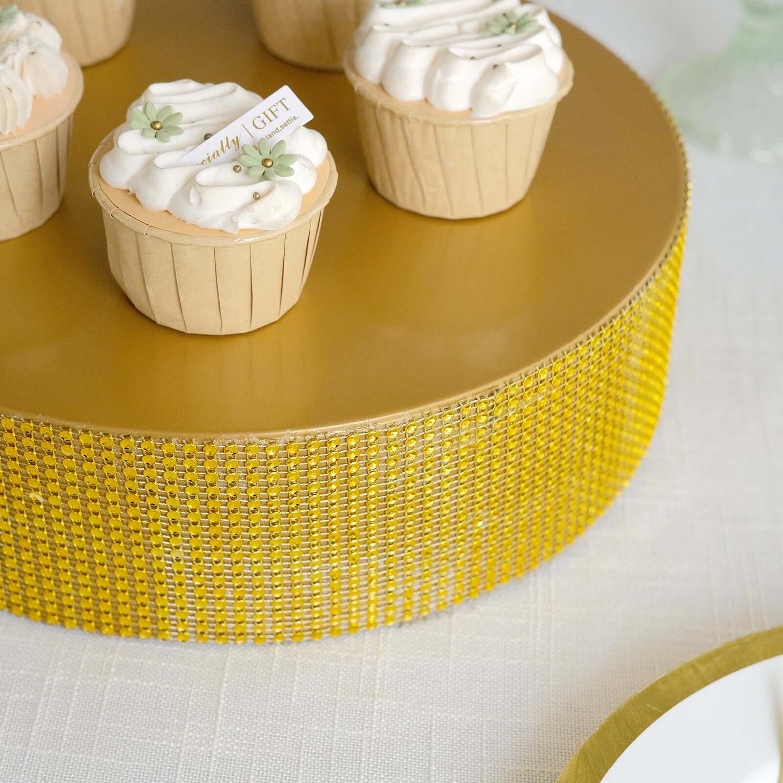 Metal Pedestal Cake Stand Round Design with Rhinestones Gold - Cupcake Holder and Dessert Table Centerpiece 12"