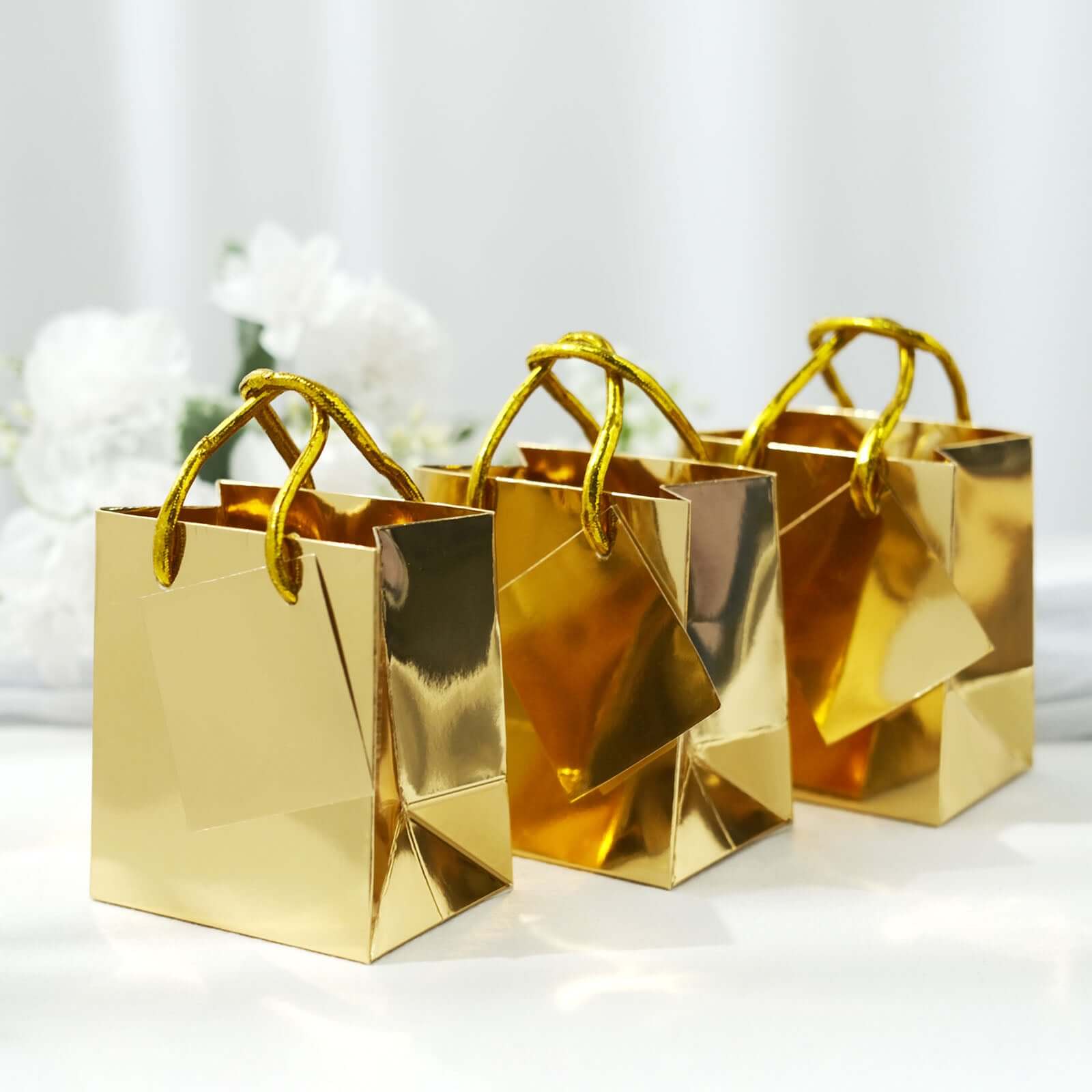 12 Pack 5" Shiny Metallic Gold Foil Paper Party Favor Bags With Handles, Small Gift Wrap Goodie Bags