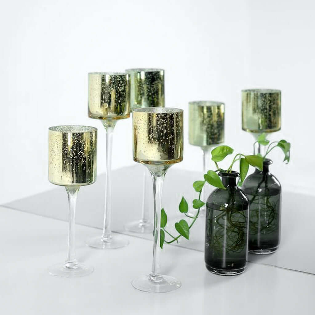 Set of 3 Glass Cylinder Vases Long Stem Gold - Decorative Candle Holder Floral Centerpieces 12", 14", 16"