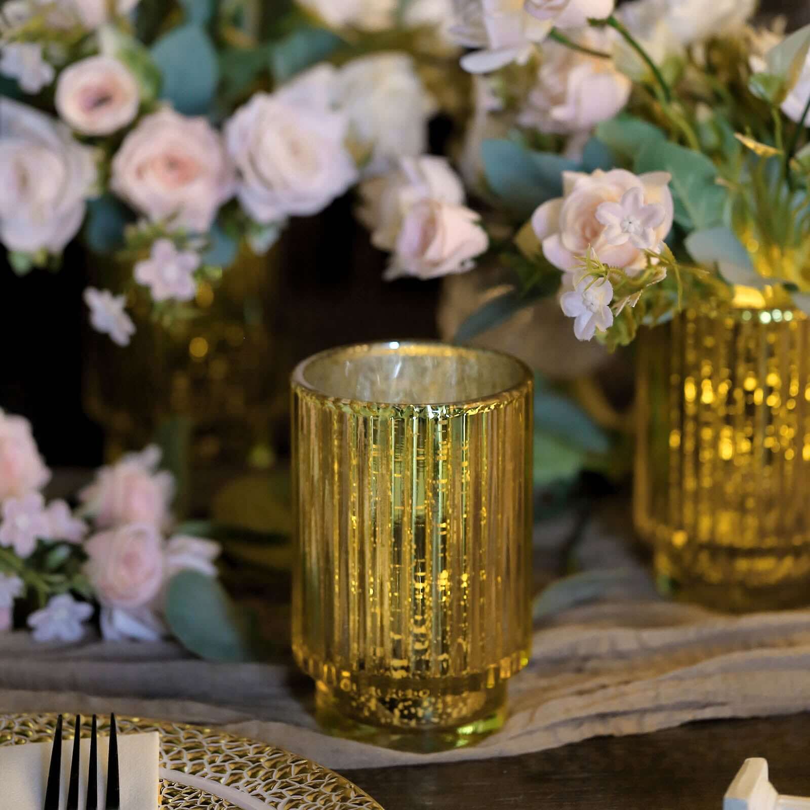 3-Pack Mercury Glass Hurricane Candle Holders Gold Wavy Column Design - Votive Pillar Vase 5"