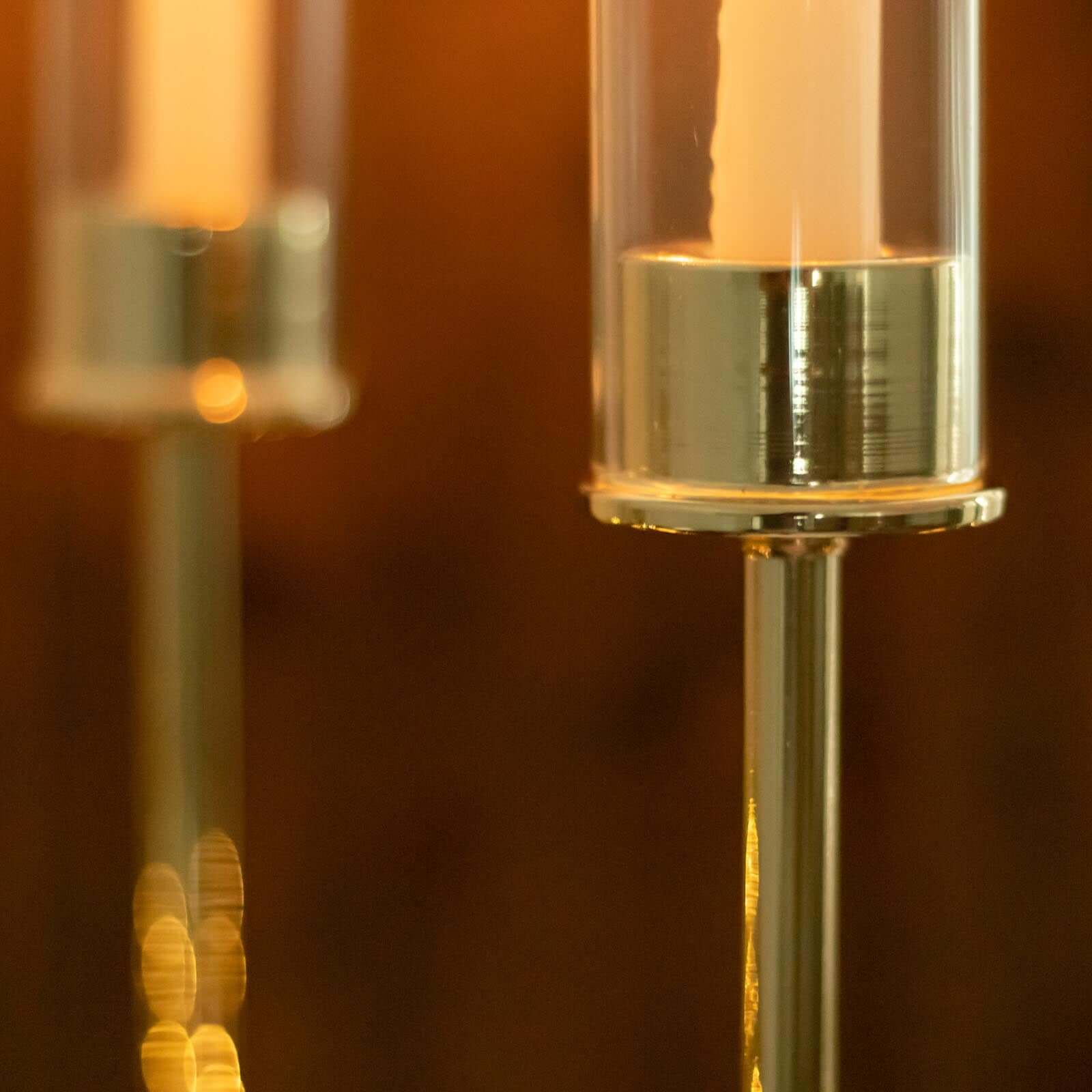 Set of 3 Tall Gold Metal Taper Candlestick Holders, Clear Glass Hurricane Candle Stands With Chimney Candle Shades 16", 20", 24"