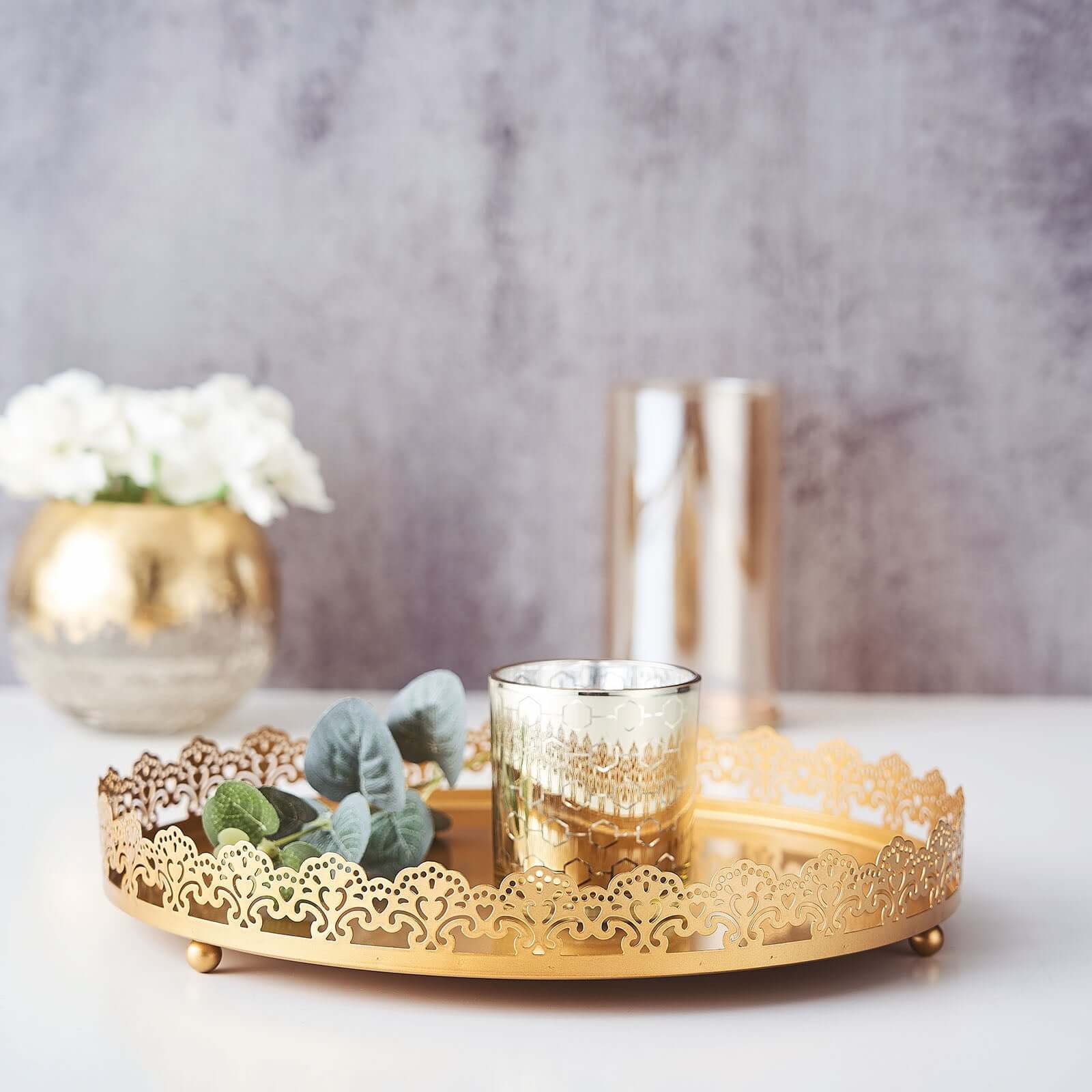 12" Gold Premium Metal Decorative Vanity Serving Tray, Round With Embellished Rims