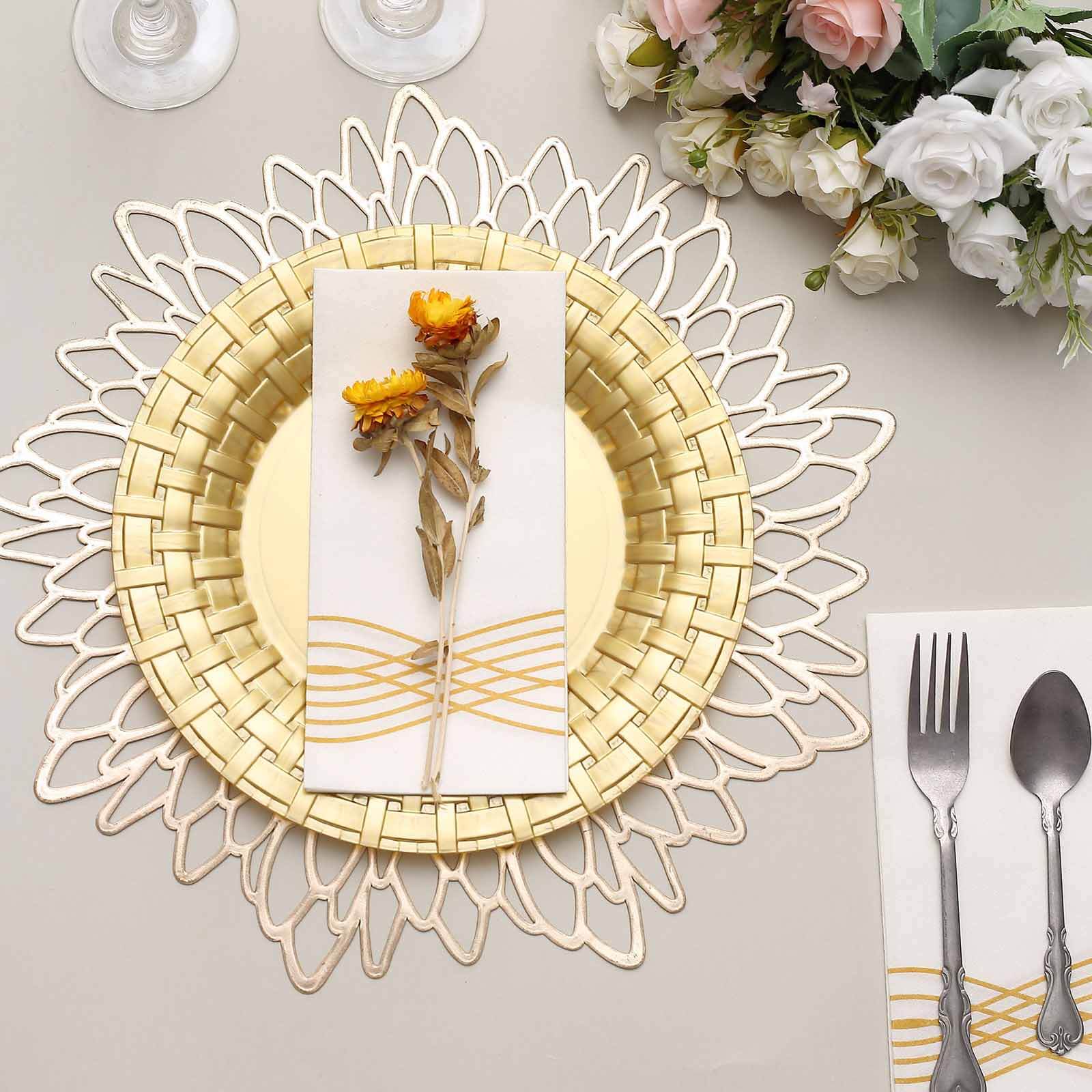 10-Pack Plastic Dinner Plates Gold Basketweave Rim - Durable Disposable Dinner Plates 10"