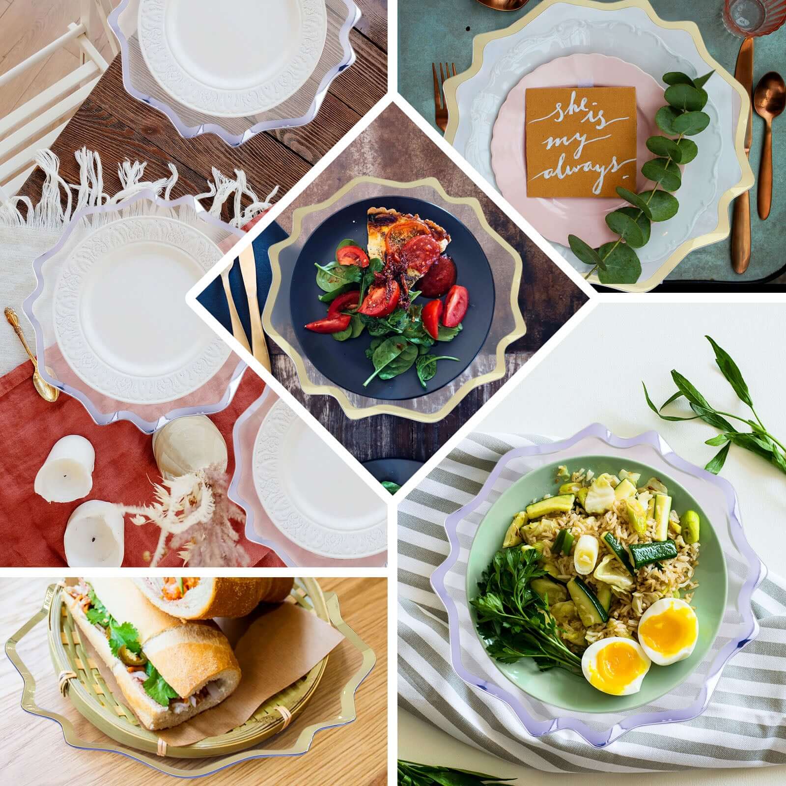 6-Pack Acrylic Plastic Round Charger Plates 13" in Clear with Gold Scalloped Edge, Exquisite Dinner Serving Plates