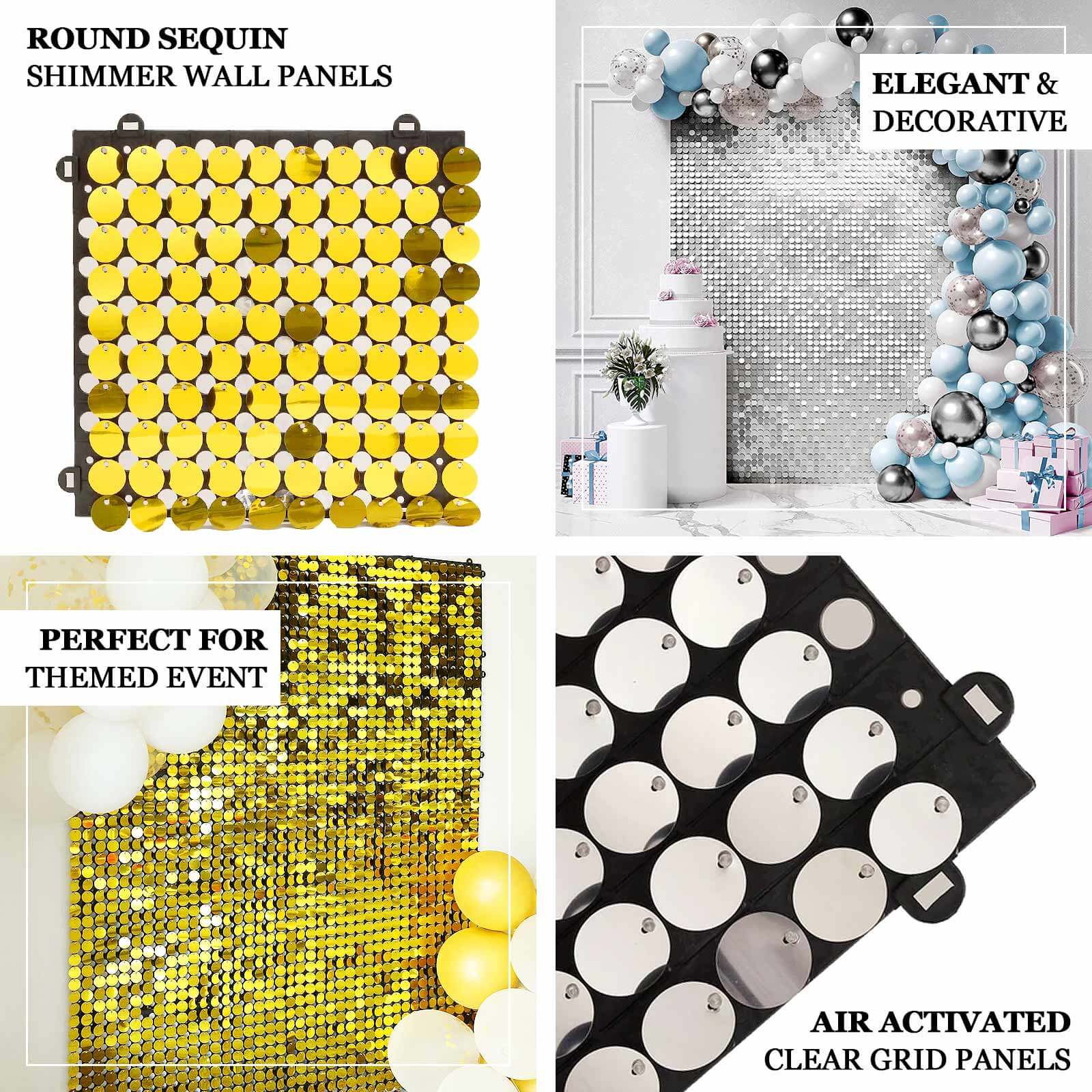 10sq.ft Shiny Gold Round Sequin Shimmer Wall Party Photo Backdrop, Active Spangle Wall Art Décor Panels - 10 Panels