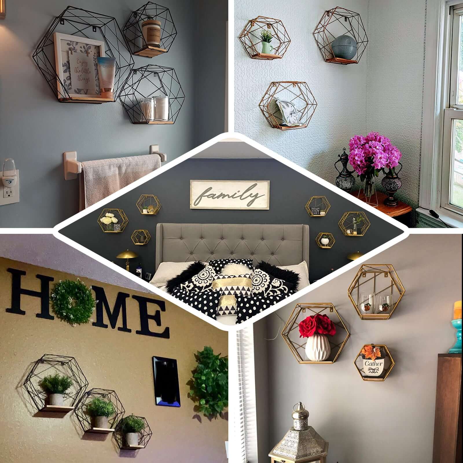 3 Pack Gold Hexagonal Floating Wall Shelves, Decorative Geometric Wall Mounted Shelves - 9",12",14"