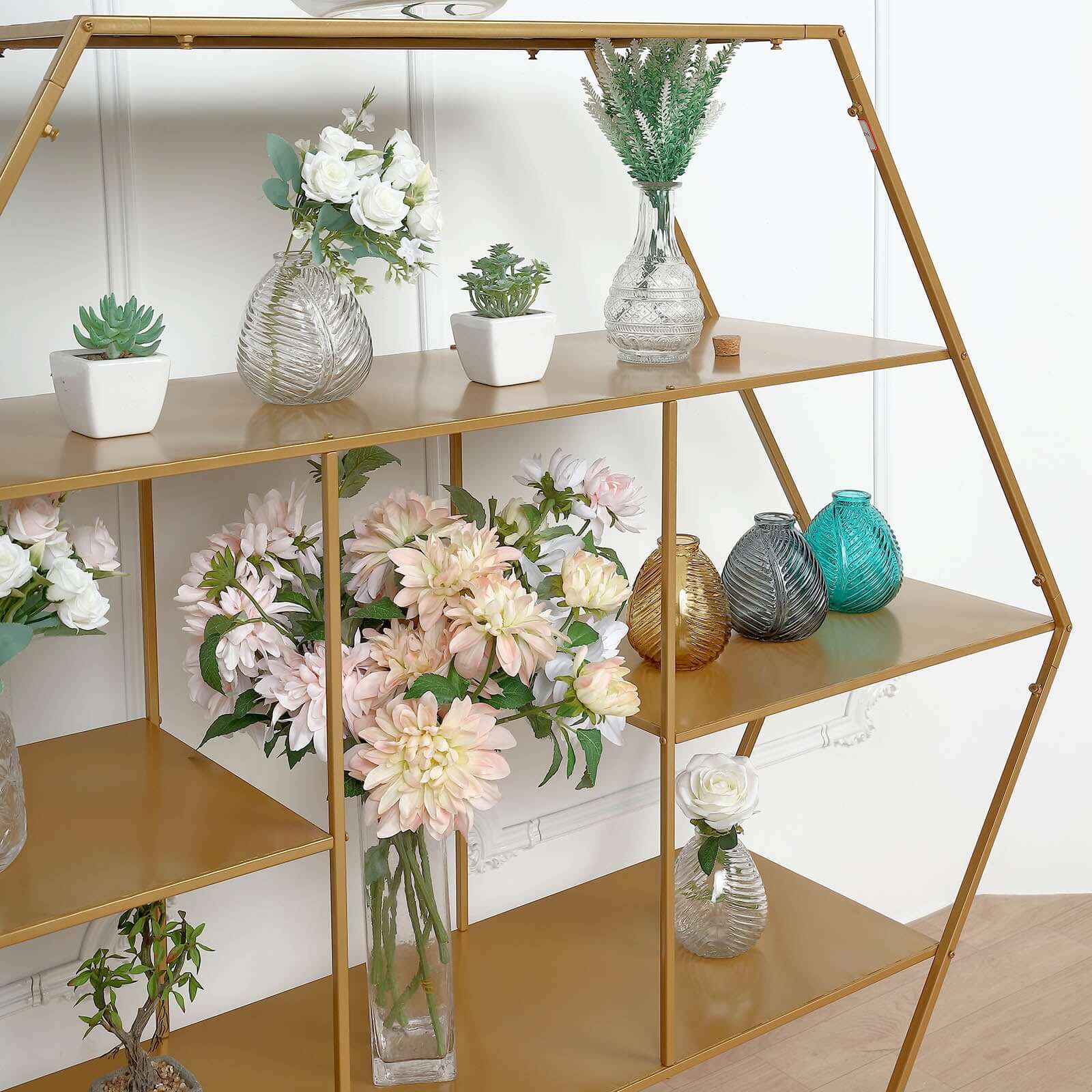 Metal Hexagonal Cake Dessert Display Stand Gold - Large Multi Functional Modern Bookcase Party Backdrop for Balloons Floral Installations & Event Decor 4ft