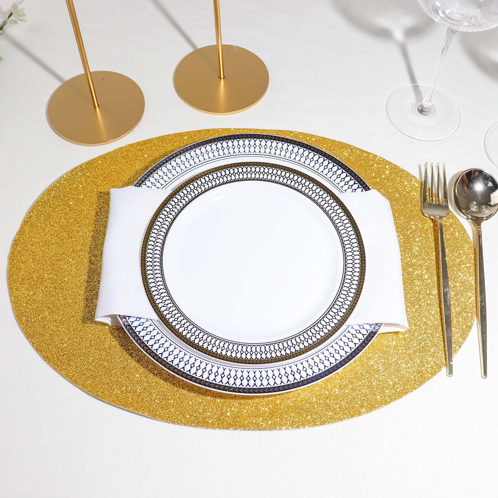 6-Pack Placemats Glitter Design Gold Sparkle Oval - Non-Slip Decorative Table Mats for Dining 12"x18"