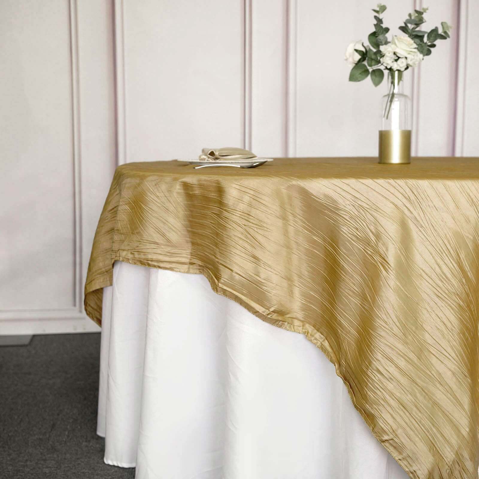 Taffeta 90"x90" Table Overlay Square Tablecloth Gold - Accordion Crinkle Design for Modern Celebrations