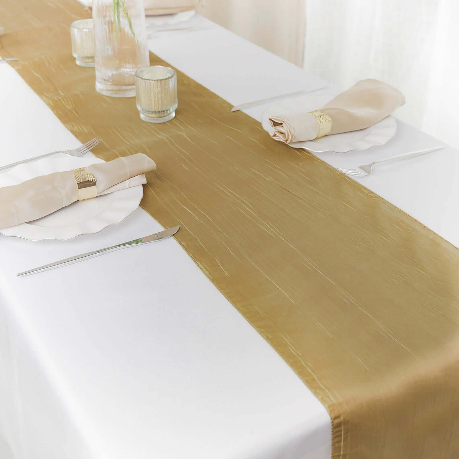 Taffeta 12"x108" Table Runner Gold - Accordion Crinkle Design for Modern Gatherings