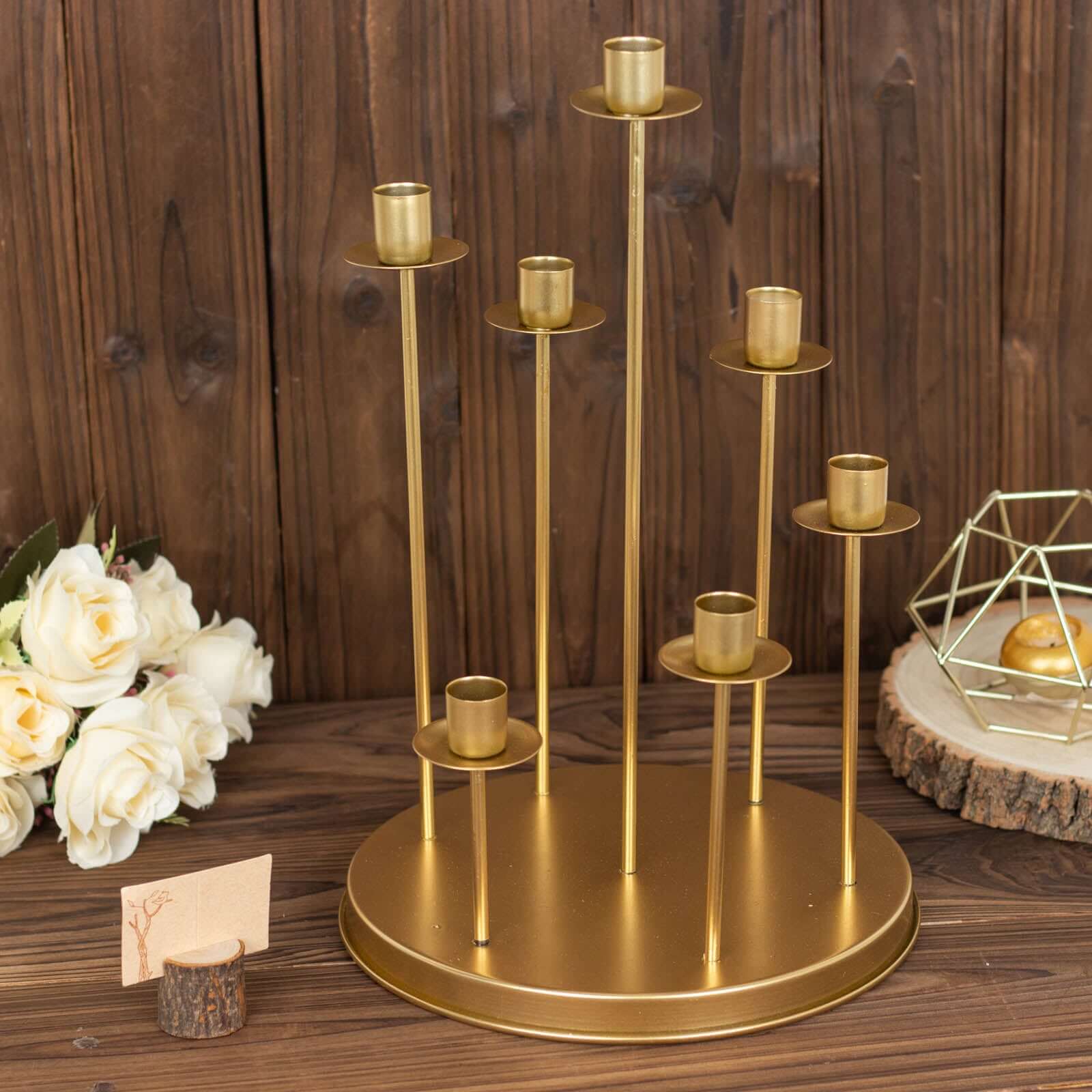 Cluster Candelabra Taper Candle Holder 7-Arm Gold Metal Wedding Centerpiece - Table Decor 15"