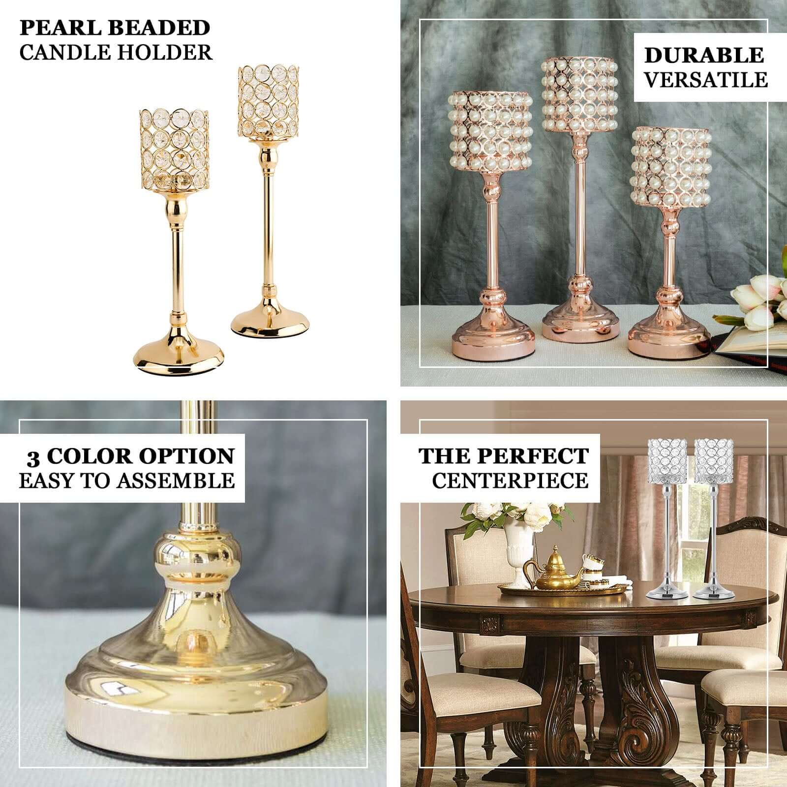 Set of 3 Votive Candle Holders White Pearl Beaded - Gold Sophisticated Small Pillar Stands 12", 14", 16"