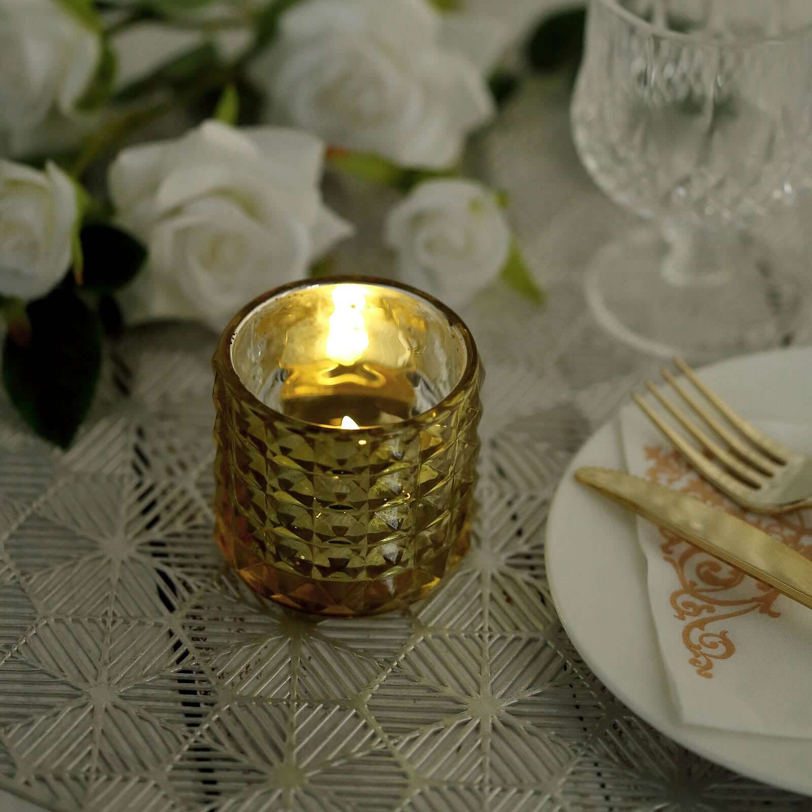 6 Pack 3" Studded Gold Mercury Glass Votive Holders, Faceted Tealight Candle Holders