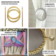 Set of 2 6" Silver Acrylic Braided Barrette Style Curtain Tie Backs With Crystal Diamond Studded Edge, Round Backdrop Drapery Brooch Holdbacks