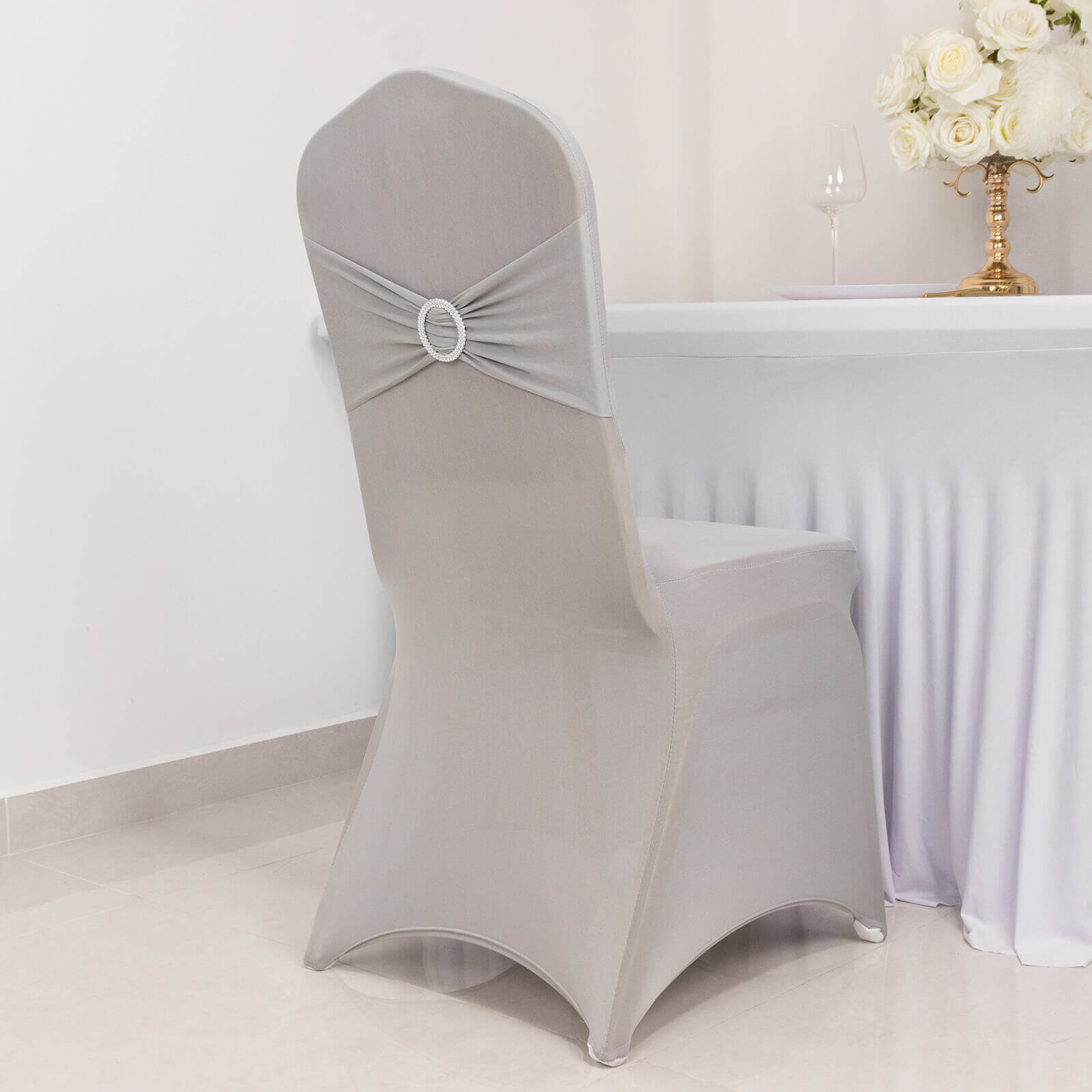 Spandex Chair Cover with Silver Rhinestone Buckled Sash Band Blush - Stretch Fitted Slipcover