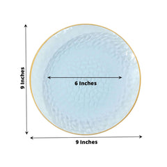 10-Pack Plastic 9" Round Dinner Plates in Transparent Dusty Blue Hammered Design with Gold Rim - Modern Disposable Party Plates